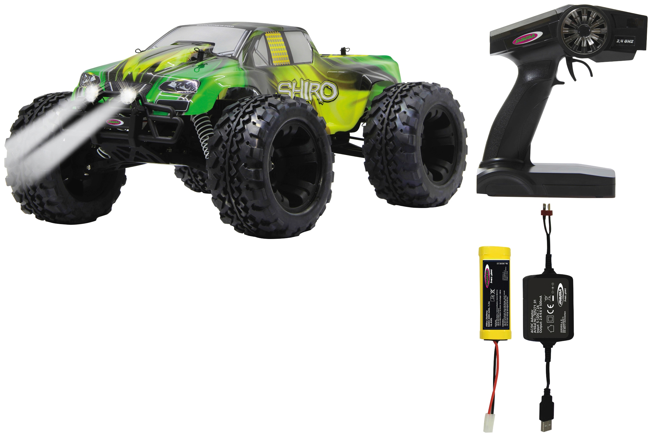 RC-Monstertruck JAMARA "Shiro Monstertruck 4WD", bunt (grün, gelb, schwarz), Fernlenkfahrzeuge, KinderB:33cm H:22cm, 1:10, 2,4 GHz, mit LED, B:33cm H:22cm