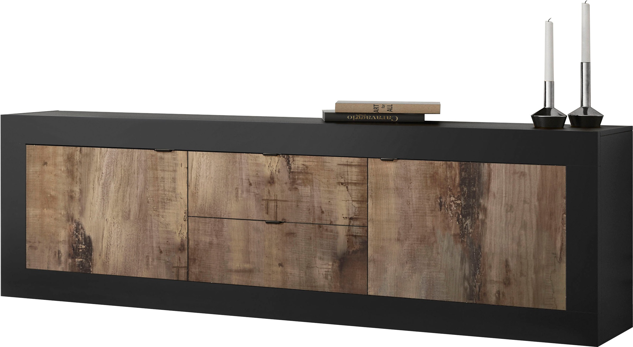 Lowboard INOSIGN "Basic Breite 210 cm, TV-Board 2 Türen, 2 Schubkästen, TV-Schrank", schwarz (schwarz matt, pero), B:210cm H:66cm T:43cm, Sideboards, Lowboard, Metallgriff, moderne Rahmenoptik, viel Stauraum, Farbauswahl