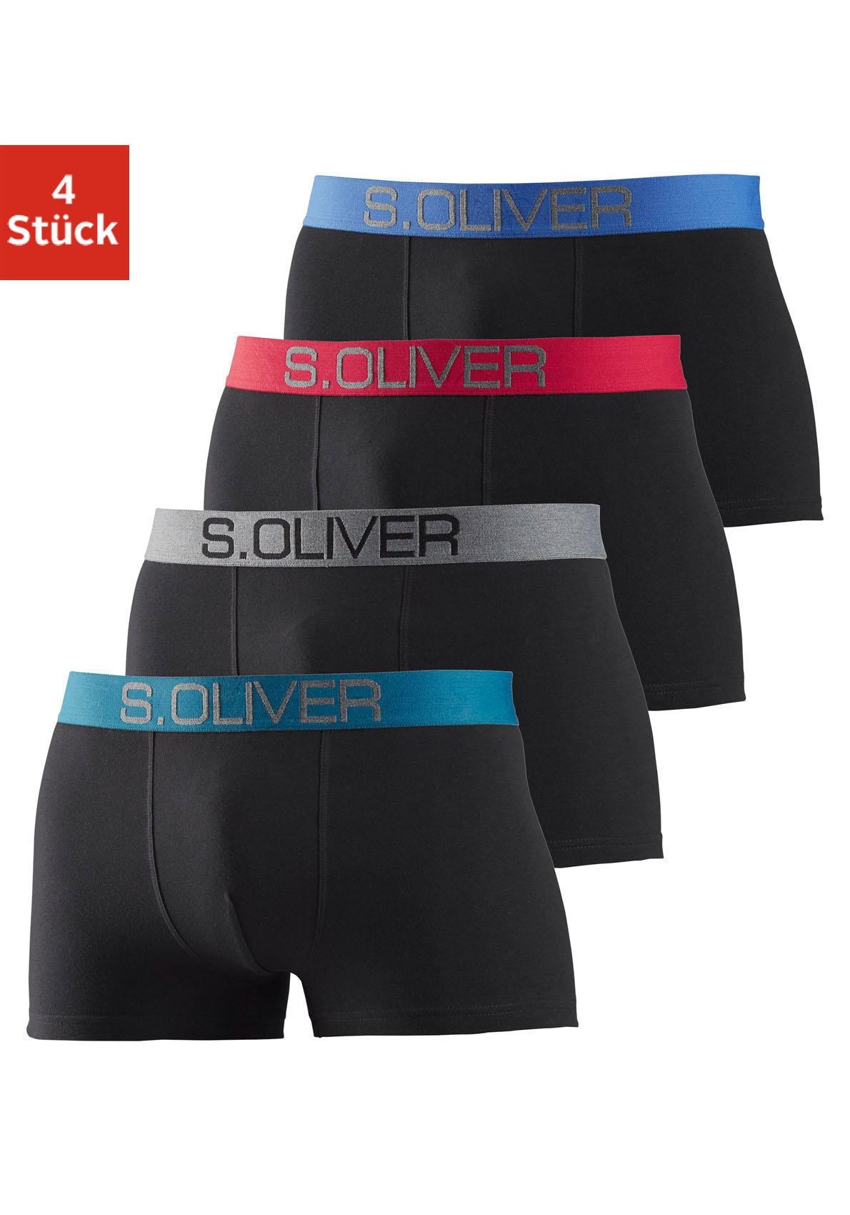 Boxer S.OLIVER "Boxershorts für Herren", Herren, Gr. XL, 4 Stk., bunt (schwarz, türkis, schwarz, grau, schwarz, rot, schwarz, blau), Jersey, Obermaterial: 92% Baumwolle, 8% Elasthan (LYCRA), unifarben, körpernah, Unterhosen, mit kontrastfarbenem...