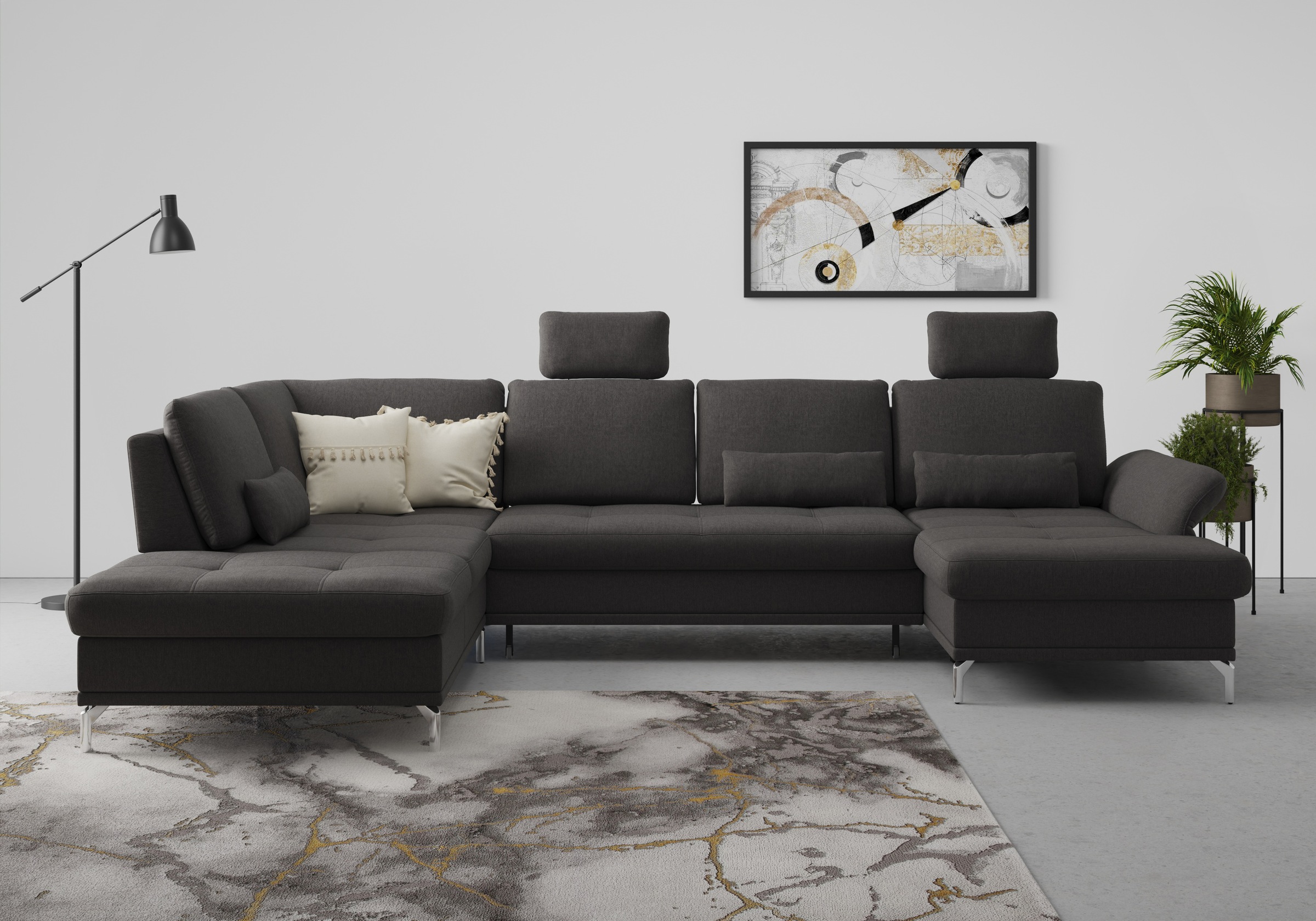 Wohnlandschaft HOME AFFAIRE "Palm Beach U-Form", grau (fango), B:347cm H:89cm T:224cm, 100%Polyester, Sofas, Wohnlandschaft, Federkern, mit Sitztiefenverstellung, wahlweise mit Bettfunktion