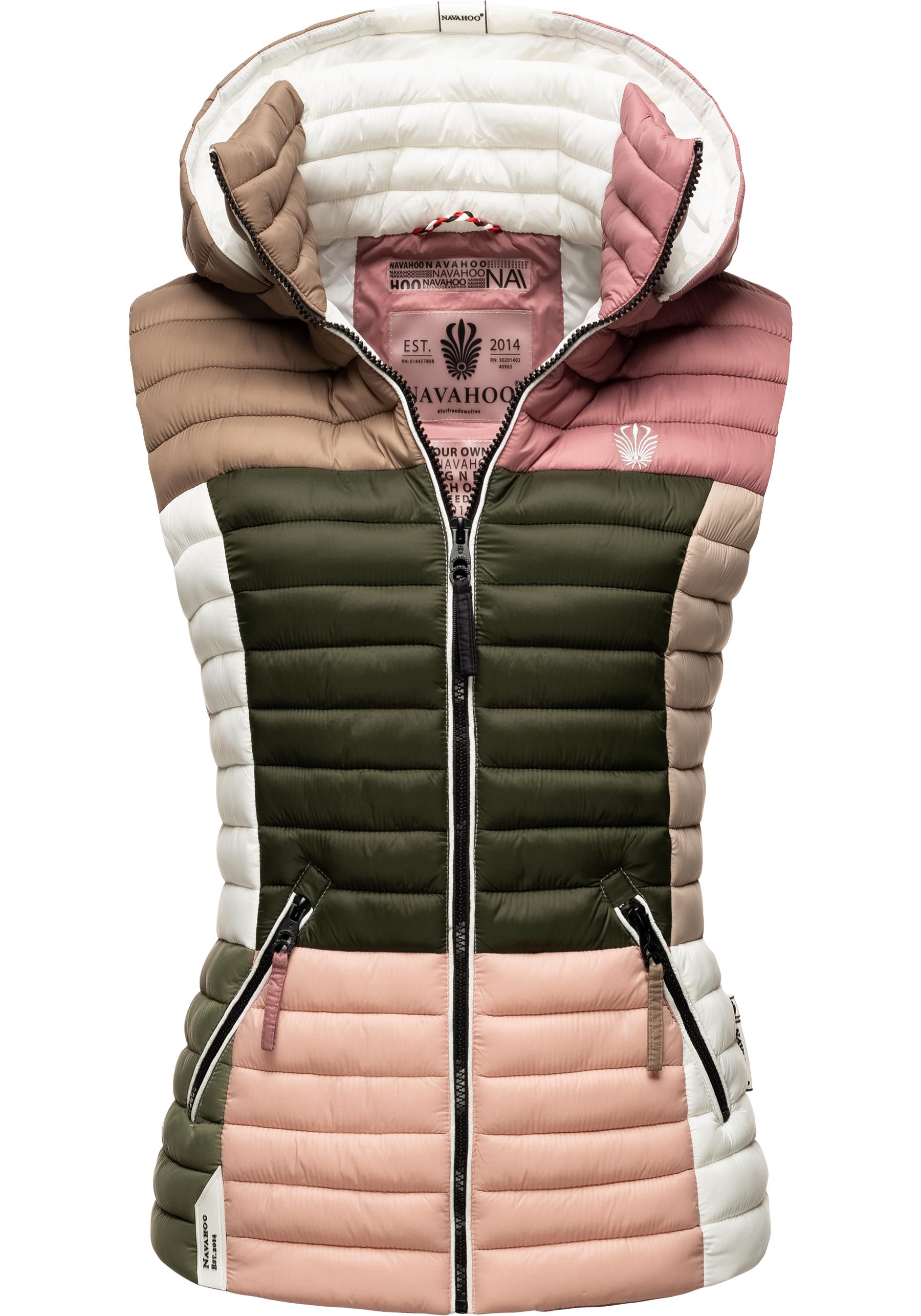 Steppweste NAVAHOO "Shadaa Multikulti", Damen, Gr. XS (34), beige (natur), Oberstoff: 100% Nylon, Futter: 100% Polyester, Wattierung: 100% Polyester, colorblocking, tailliert hüftbedeckend, Westen, Ärmellose Damen Weste im Colourblocking-Stil und... Image