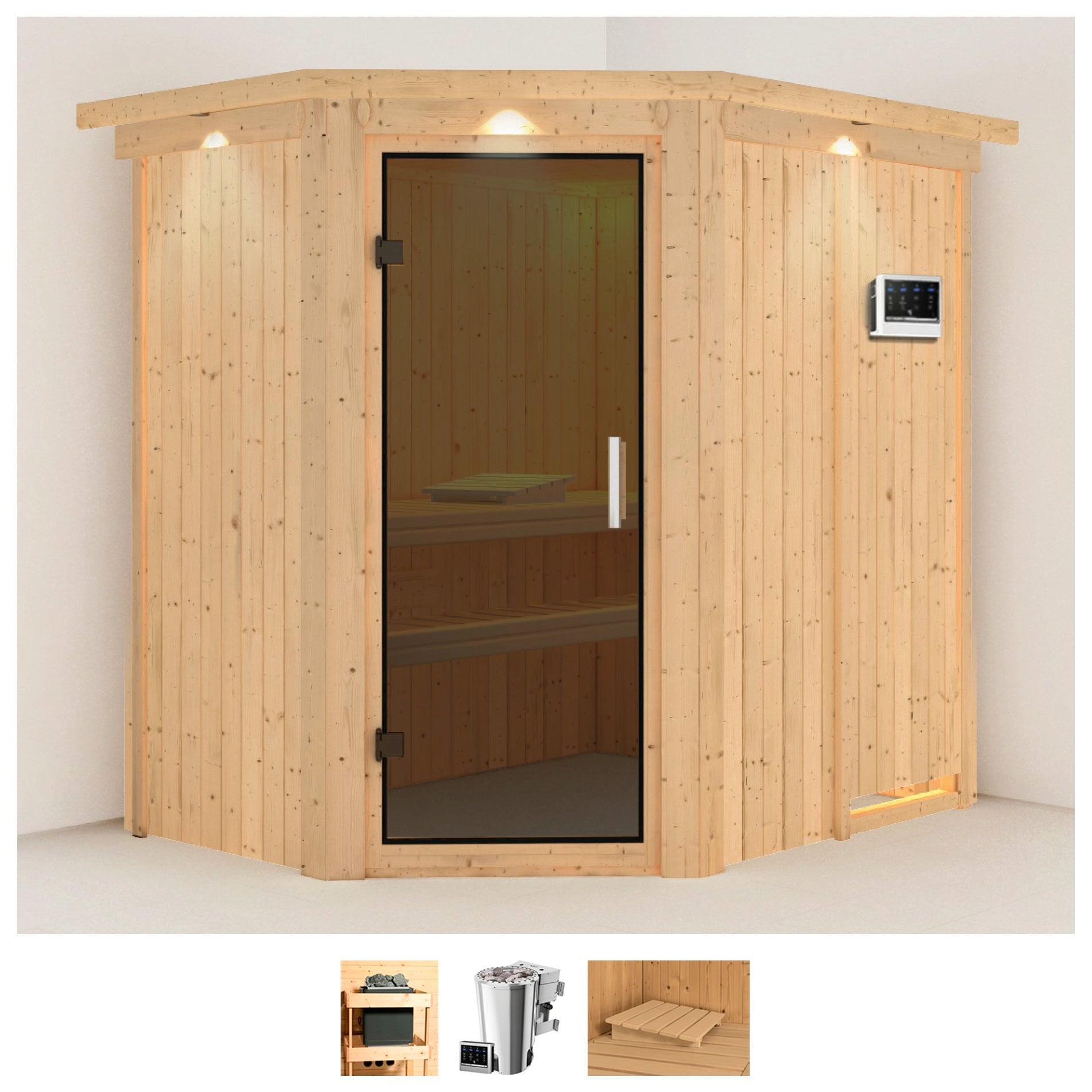 Sauna KARIBU "Swantje", beige (naturbelassen), Bio-Kombiofen, externe Steuerung, 3,6 kW, Saunen, 3,6-kW-Bio-Plug & Play Ofen mit externer Steuerung Image