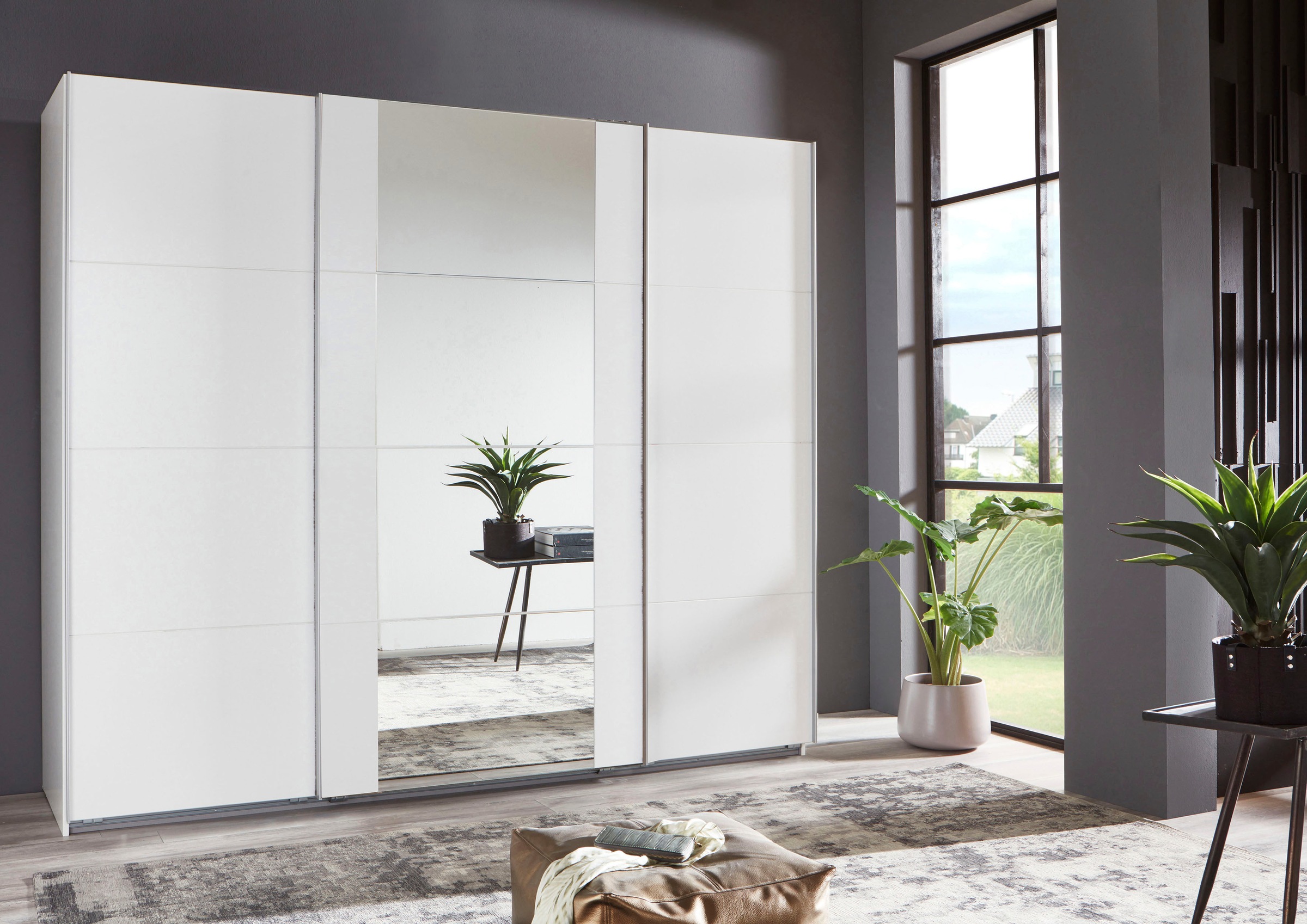 Schwebetürenschrank WIMEX "Bern Schiebetürenschrank TOPSELLER", weiß (weiß, alu), B:270cm H:210cm T:64cm, Spanplatte, Schränke, Schwebetürenschrank, Schrank mit zusätzlicher Innenausstattung, Garderobe, Topseller