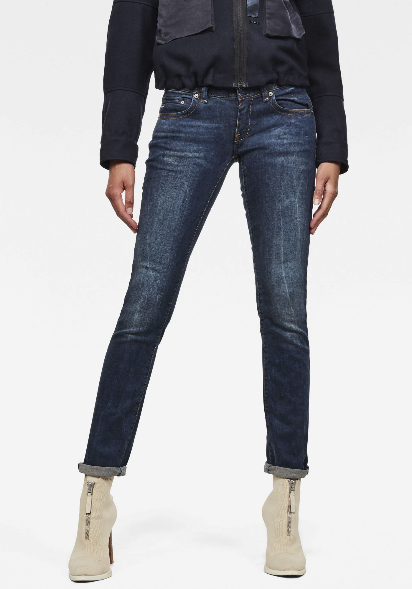Straight-Jeans G-STAR "Midge", Damen, Gr. 33, Länge 32, blau (schwarz aged), Denim/Jeans, Obermaterial: 92% Baumwolle, 7% Polyester, 1% Elasthan, unifarben, straight fit lang, Jeans Straight-Jeans, 5-Pocket-Design mit markanten Steppnähten