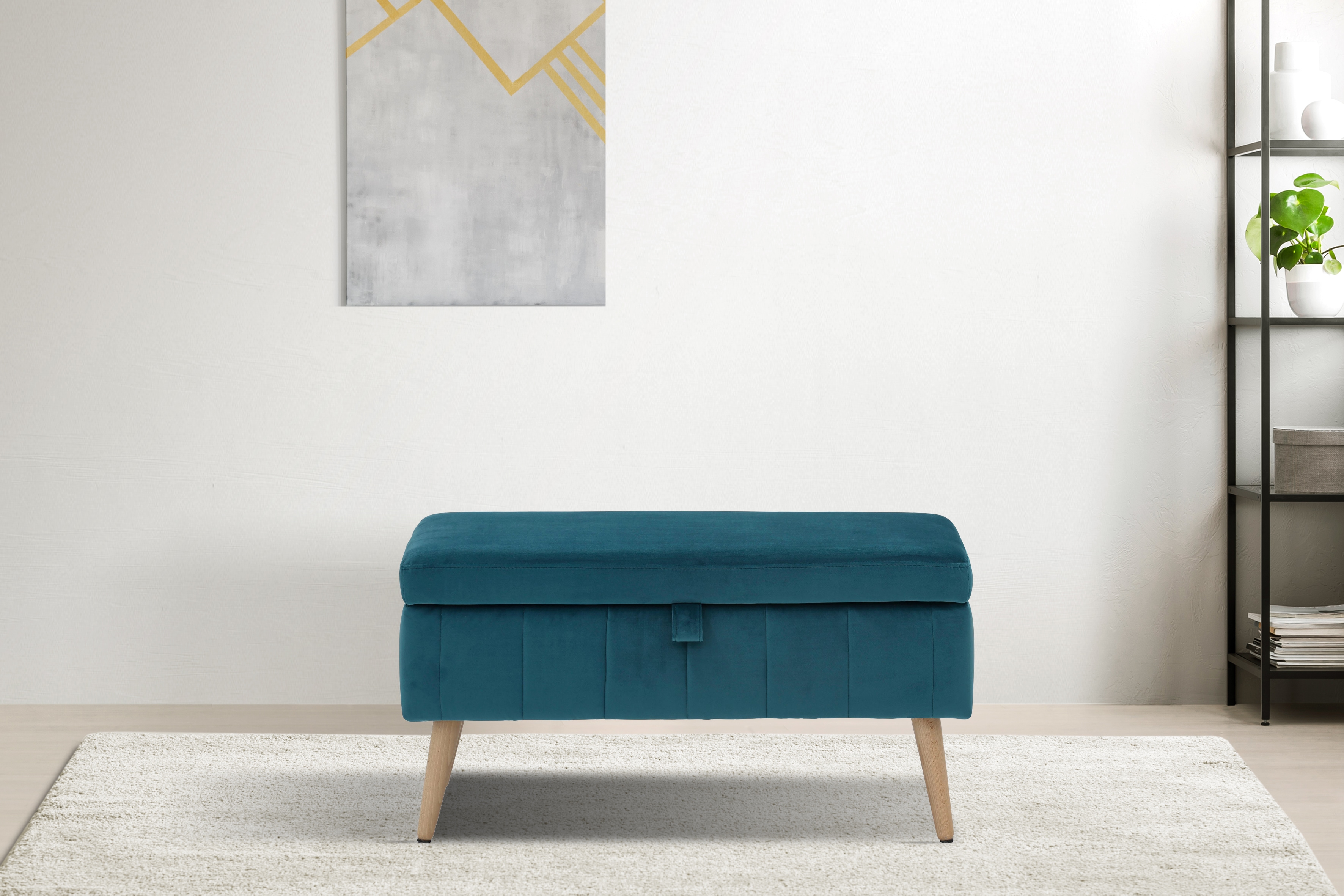 Truhenbank INOSIGN "AMIRA Sitzbank mit Stauraum, Maße B/T/H: 81/36/43 cm", blau (petrol), B:81cm H:43cm T:36cm, Struktur fein (100% Polyester);Samtvelours (100% Polyester);Luxus-Microfaser weich (100% Polyester), Sitzbänke, mit Staufach, in 3...