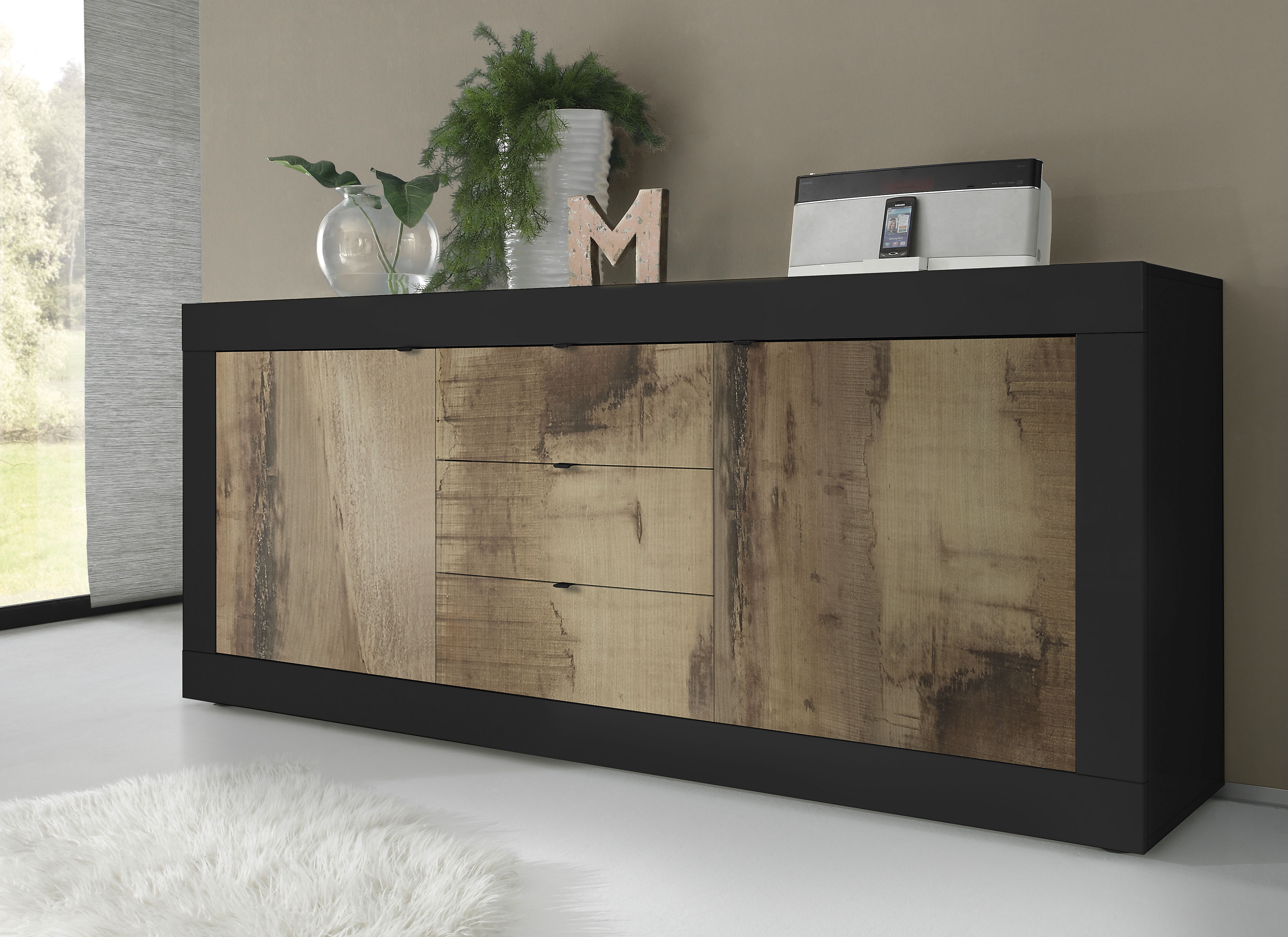 Sideboard INOSIGN "Basic Breite 210 cm, Kommode 2 Türen, 3 Schubkästen, Anrichte", schwarz (schwarz matt, pero), B:210cm H:86cm T:43cm, Sideboards, Sideboard, Metallgriff, moderne Rahmenoptik, viel Stauraum, Farbauswahl