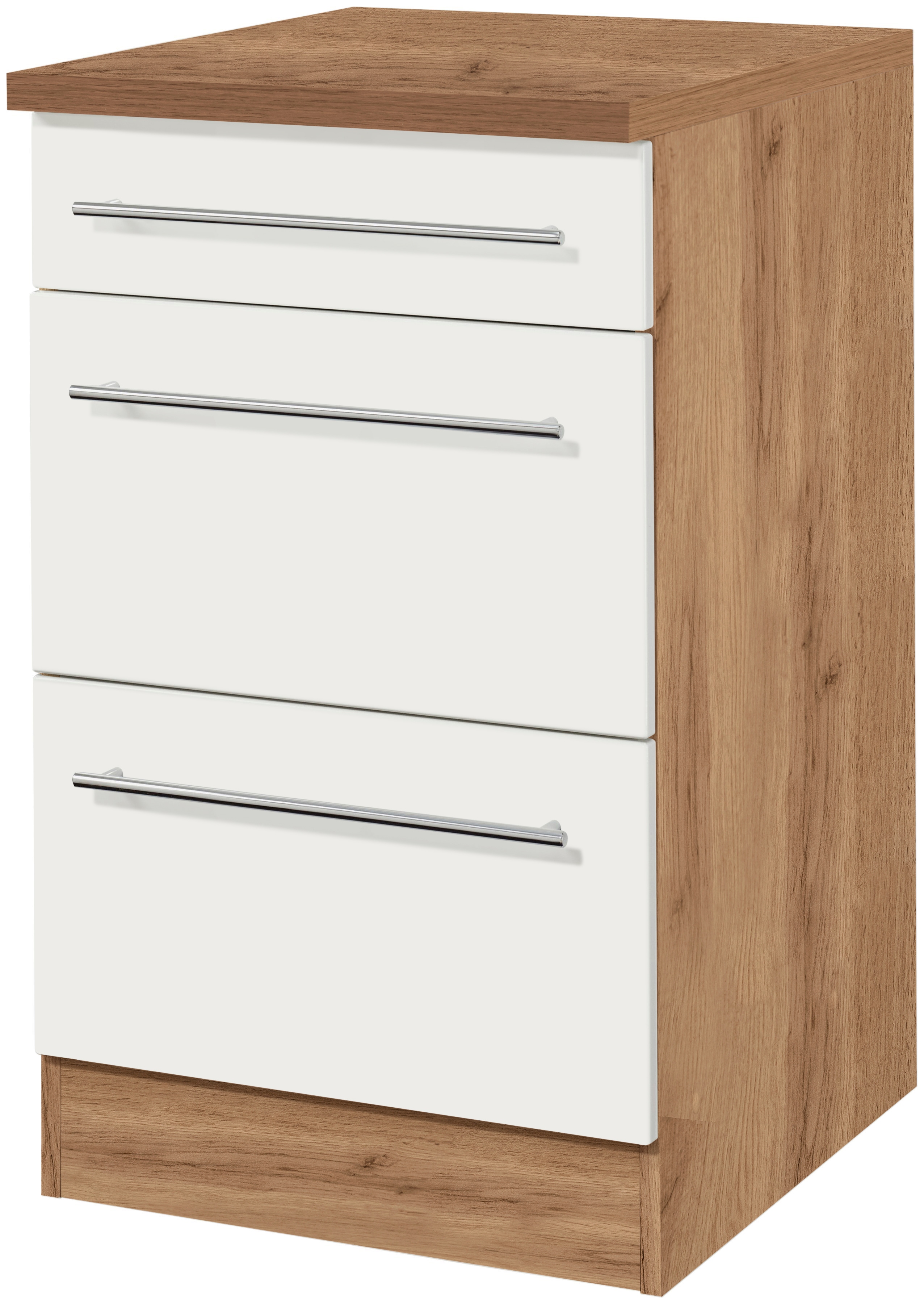 Unterschrank KOCHSTATION "KS-Wien", weiß (weiß, wotaneiche), B:50cm H:85cm T:60cm, Spanplatte, Schränke, Unterschrank, Breite 50 cm, mit 1 Schubkasten und 2 Auszügen