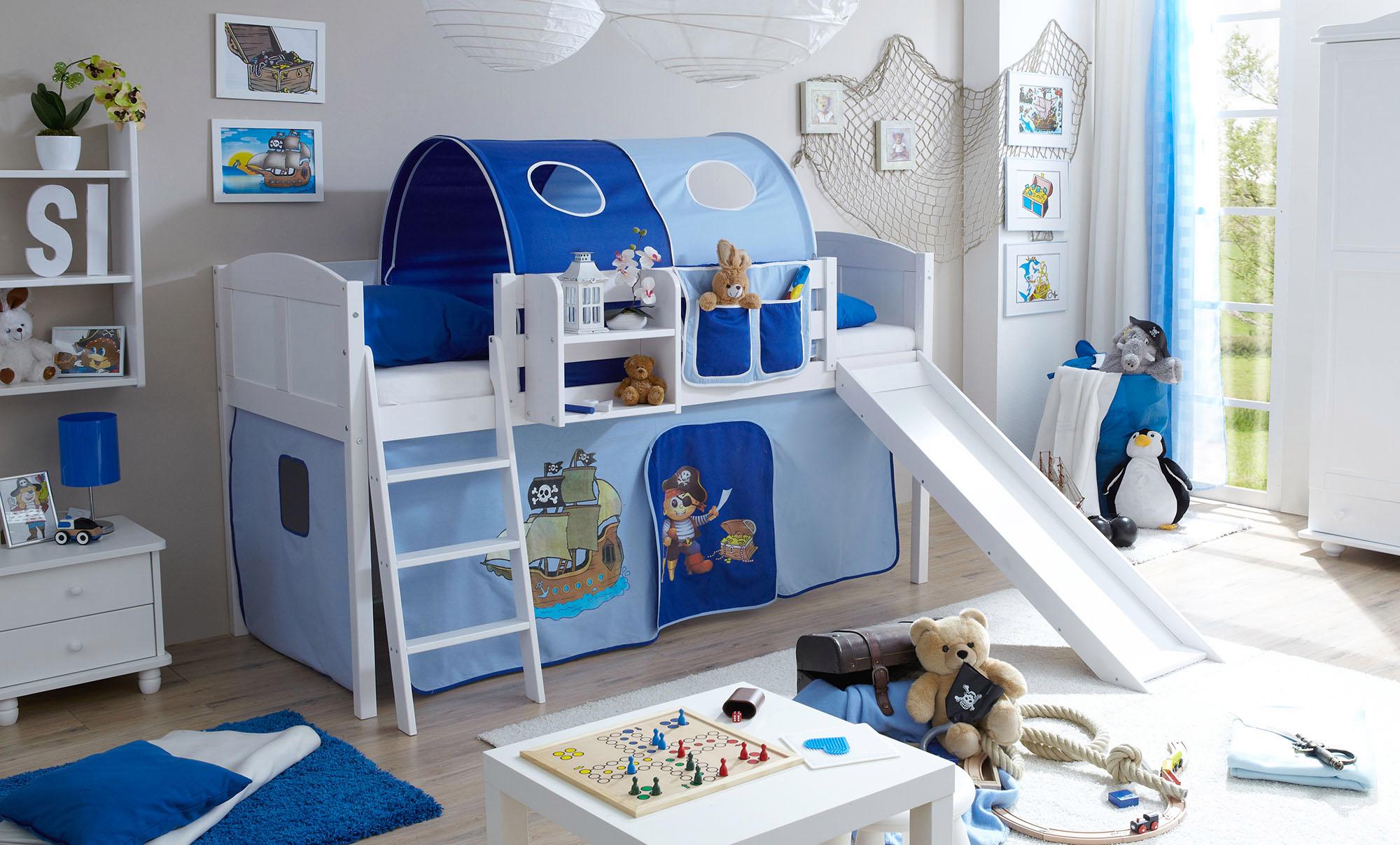 Hochbett TICAA "Ekki", weiß (kiefer massiv weiß gewachst, pirat, hellblau, dunkelblau), B:207cm H:118cm L:206cm, Hochbetten, Hochbett, mit Rollrost und in verschiedenen Ausführungen, Kiefer