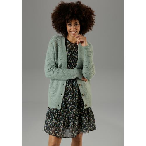 Strickjacke ANISTON CASUAL Gr. 44, grün (jade) Damen Strickjacken mit Ajourstrickmuster