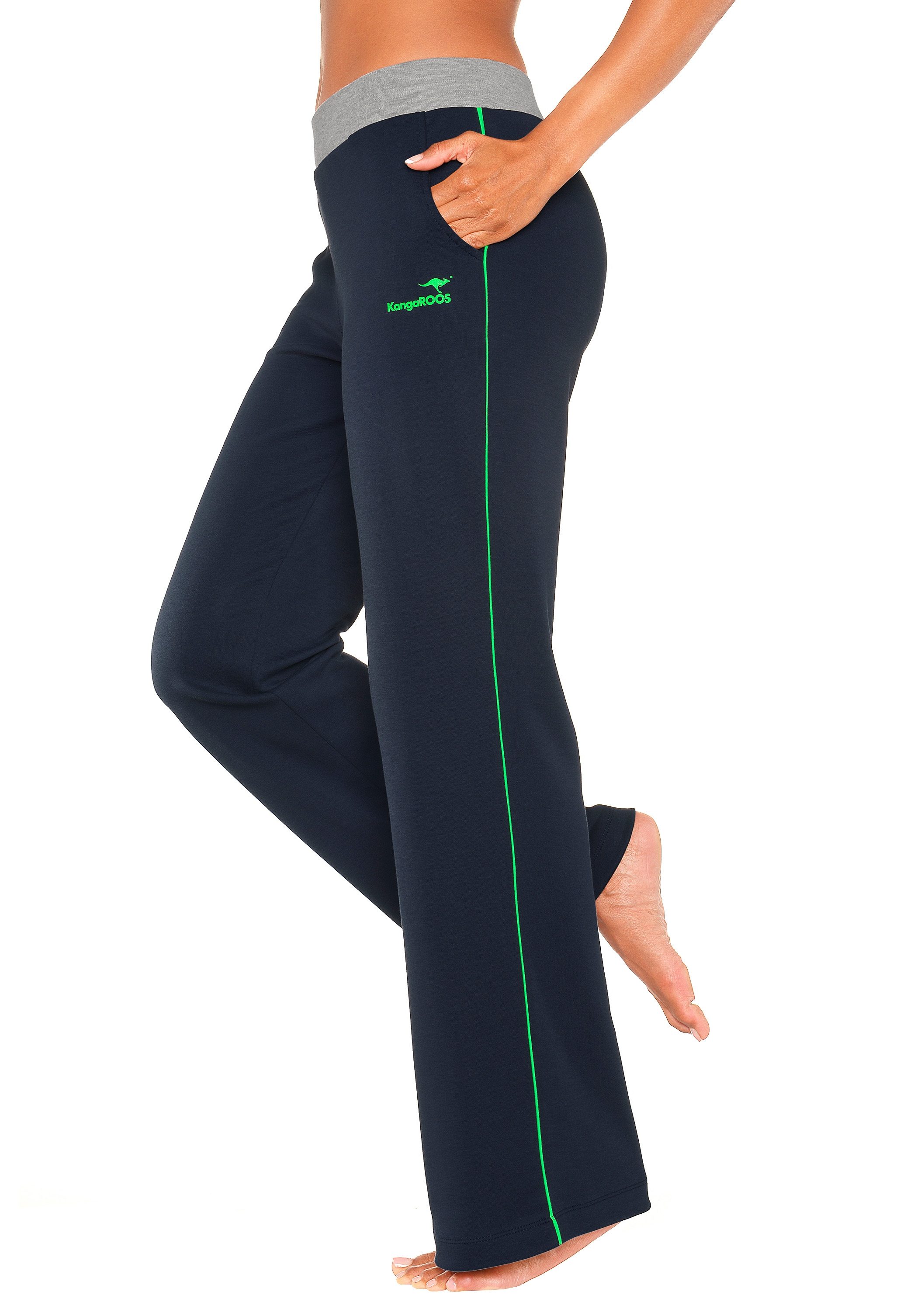 Relaxhose KANGAROOS, Damen, Gr. 44/46, N-Gr, bunt (marine, grün, grün), Sweatware, Obermaterial: 60% Baumwolle, 40% Polyester, unifarben, Basic, bequem lang, Hosen Relaxhose, mit breitem Bund, Loungewear, Loungeanzug