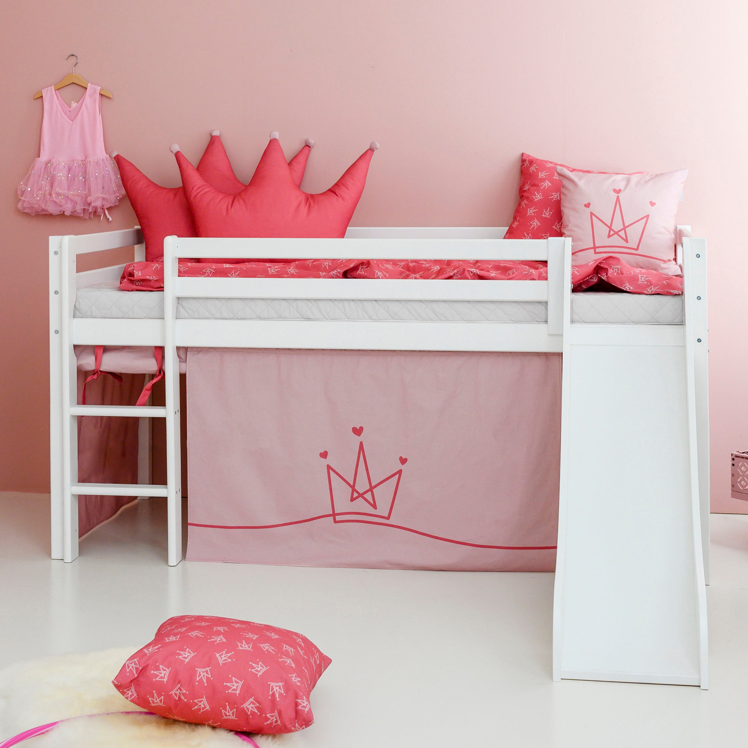 Hochbett HOPPEKIDS "«Princess»", weiß (weiß, pale rose, weiß, weiß), B:101cm H:9cm L:208cm, Bett: 100% Massivholz, Nordische Kiefer;Rutsche: MDF;Vorhang: 100% Baumwolle;Matratze: Waterlily-Schaum mit vertikalen Lüftungsschlitzen;Matratzenbezug: 23%...