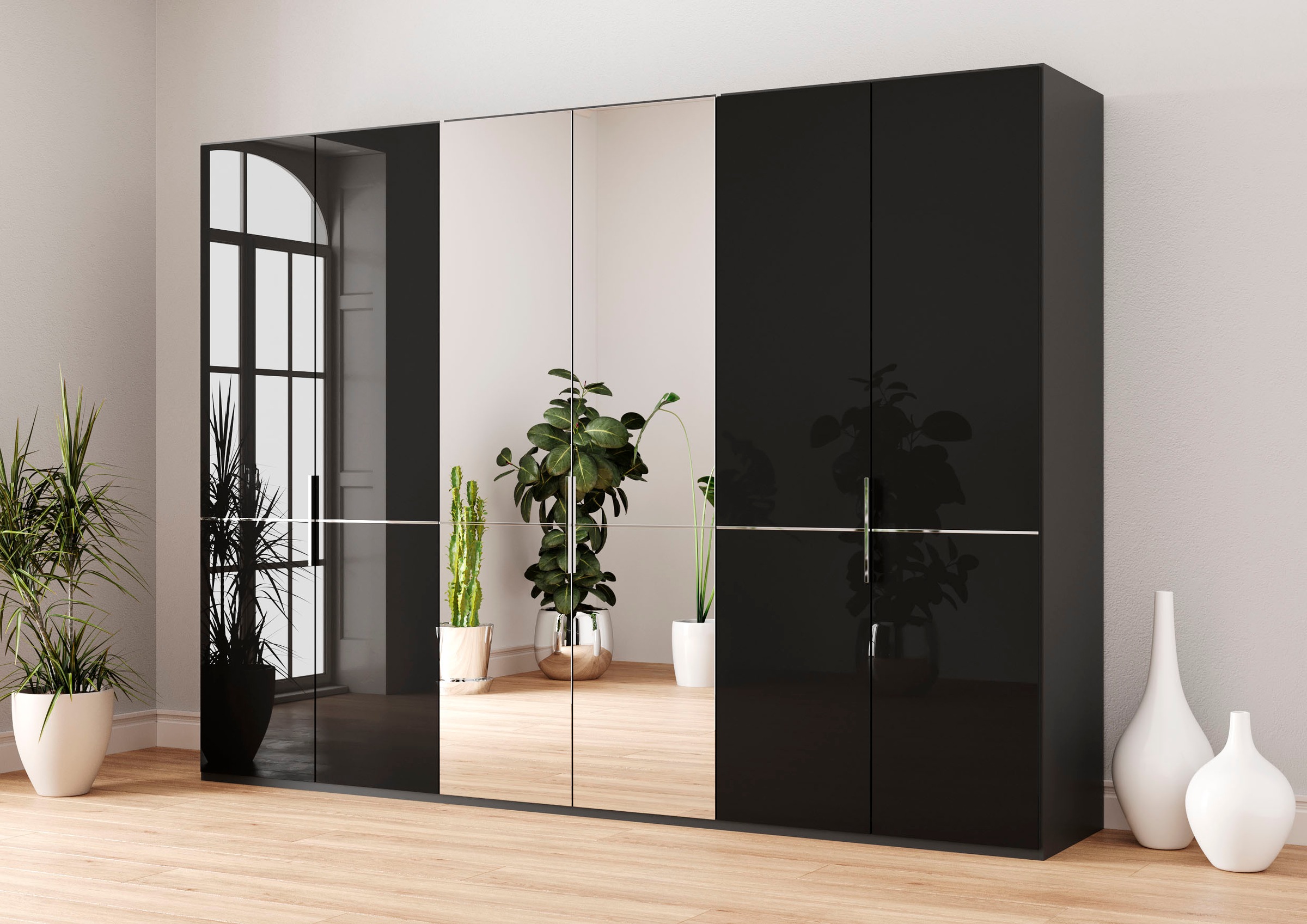 Drehtürenschrank MUSTERRING "Imola W", grau (graphit), B:295,2cm H:216cm T:58cm, Floatglas, Holzwerkstoff, Schränke, Drehtürenschrank, inkl. Einlegeböden und Kleiderstangen, mit Glas- und Spiegeltüren