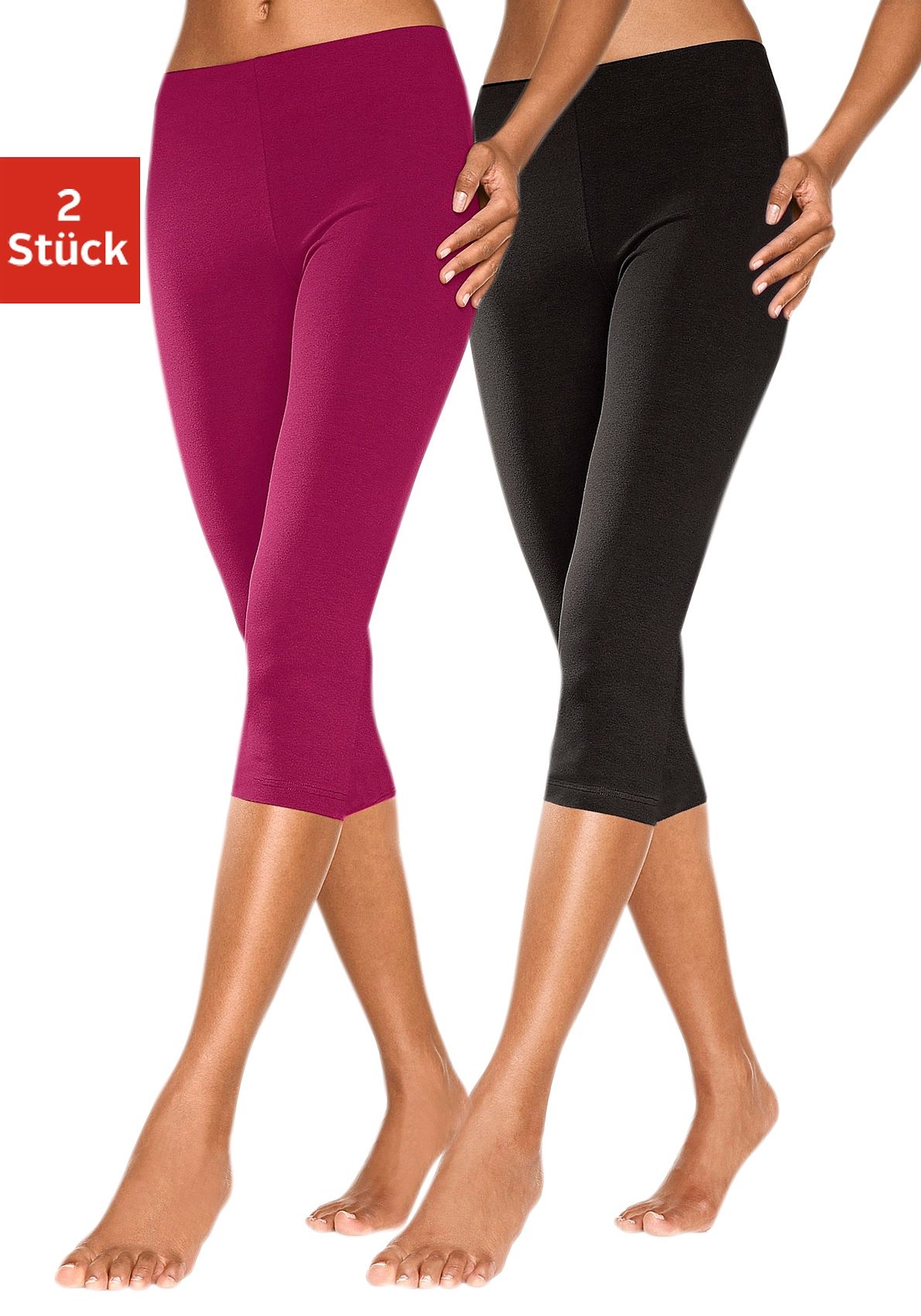 Caprileggings VIVANCE ACTIVE, Damen, Gr. 52/54, N-Gr, rosa (1x himbeere, 1x schwarz), Single Jersey, Obermaterial: 95% Baumwolle, 5% Elasthan, unifarben, Basic, eng 3/4-Länge, Hosen, mit Gummibund, Loungewear