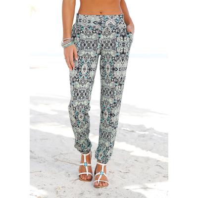 Strandhose LASCANA, Damen, Gr. 42, N-Gr, blau (marine, bedruckt), Jersey, Obermaterial: 95% Viskose, 5% Elasthan, bedruckt, casual, figurumspielend lang, Hosen, mit Ethnoprint und Taschen, Sommerhose, Jerseyhose Image