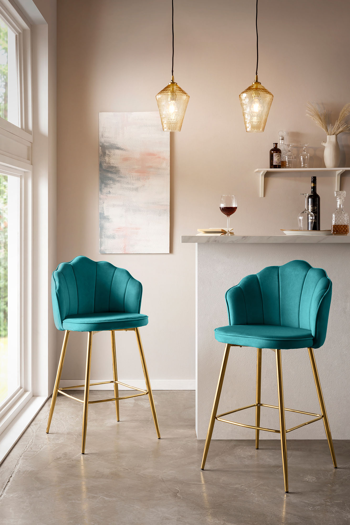 Barhocker SALESFEVER "Clam Barstuhl mit Stil", grün (grün, gold), B:52cm H:100cm T:54cm, Samt (100% Polyester), Metall, Hocker, Extravagantes Muscheldesign im praktischen 2er Set