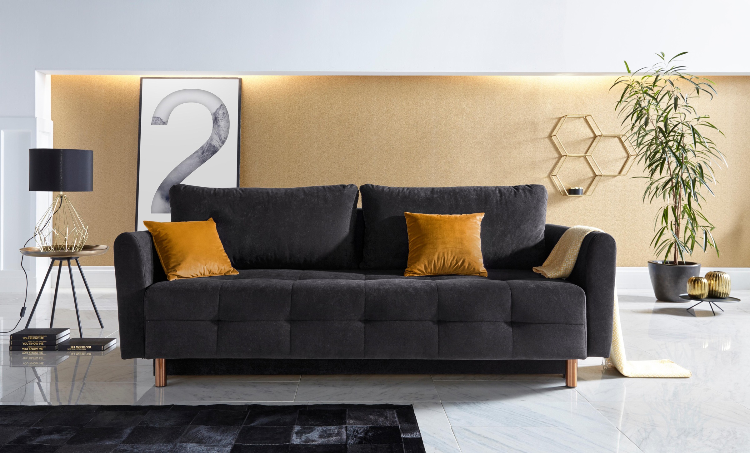 Schlafsofa HOME AFFAIRE "Nordic", schwarz, B:219cm H:93cm T:88cm, Microfaser PRIMABELLE (100% Polyester);Samtoptik (100% Polyester);Zierkissen: 100%Polyester, Sofas, Schlafsofa, mit Federkern und Metallbeinen, Steppung im Sitzbereich