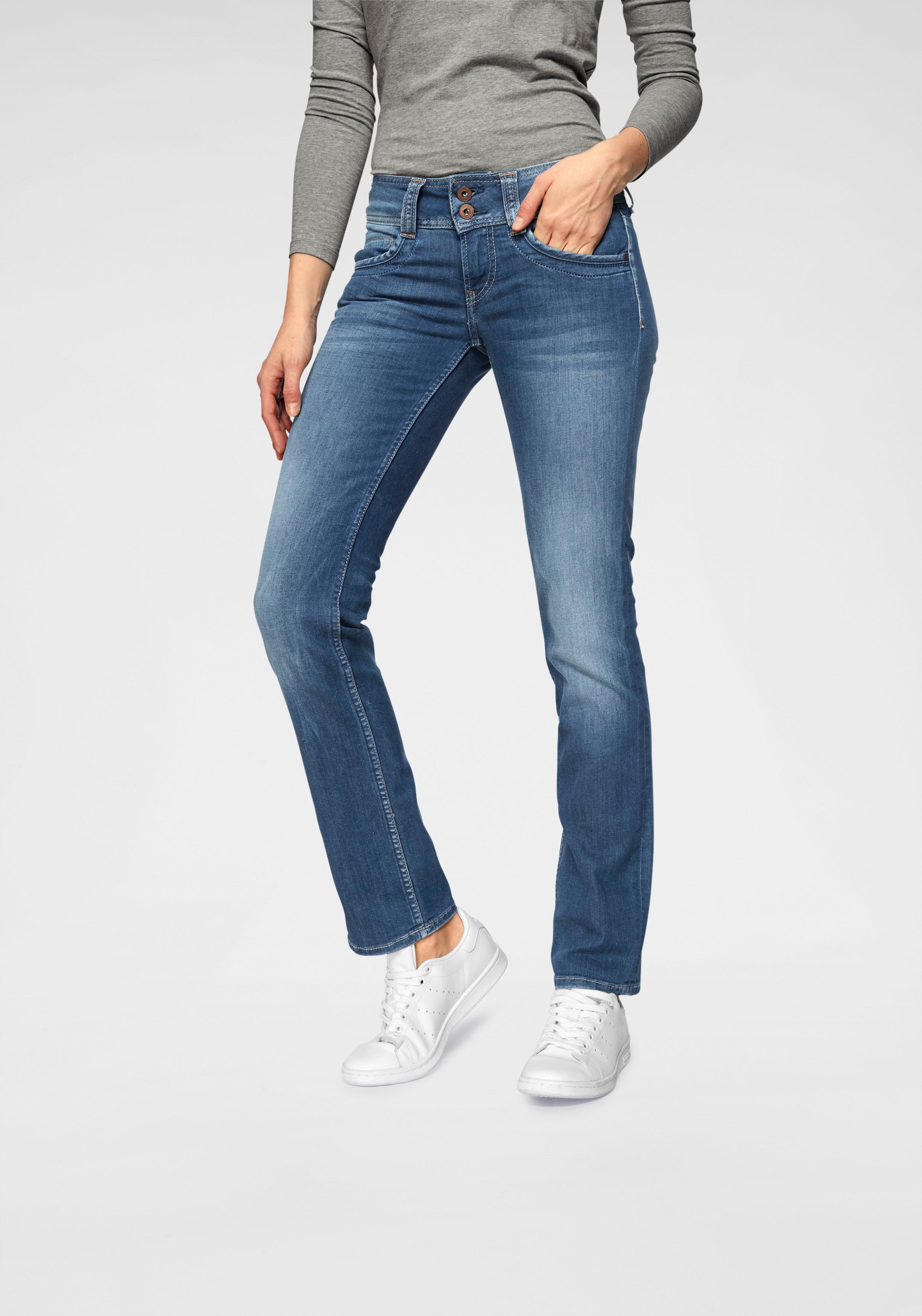 Straight-Jeans PEPE JEANS "GEN", Damen, Gr. 27, Länge 32, blau (royal schwarz), Web, Obermaterial: 83% Baumwolle, 15% Polyester, 2% Elasthan, slim fit lang, Jeans Straight-Jeans, in Baumwoll-Qualtät mit geradem Bein und Doppel-Knopf-Bund