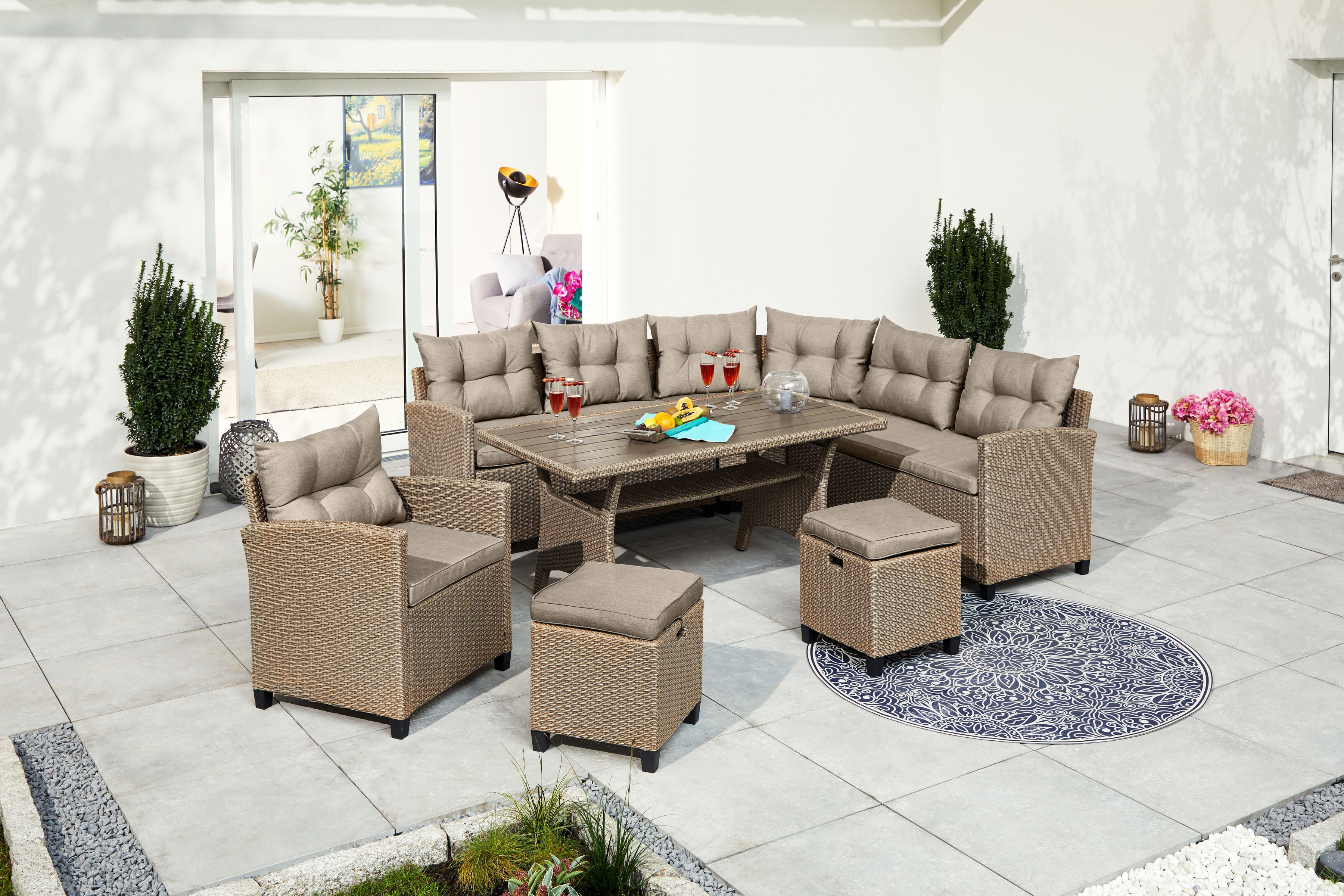 Gartenlounge-Set KONIFERA "Keros Premium", beige (beige meliert,), Polyrattan, Sitzmöbel-Sets, Gartenmöbel-Set, Ecklounge, Polyrattan, Stahl, geeignet für 8 Personen, inkl. Auflagen Image