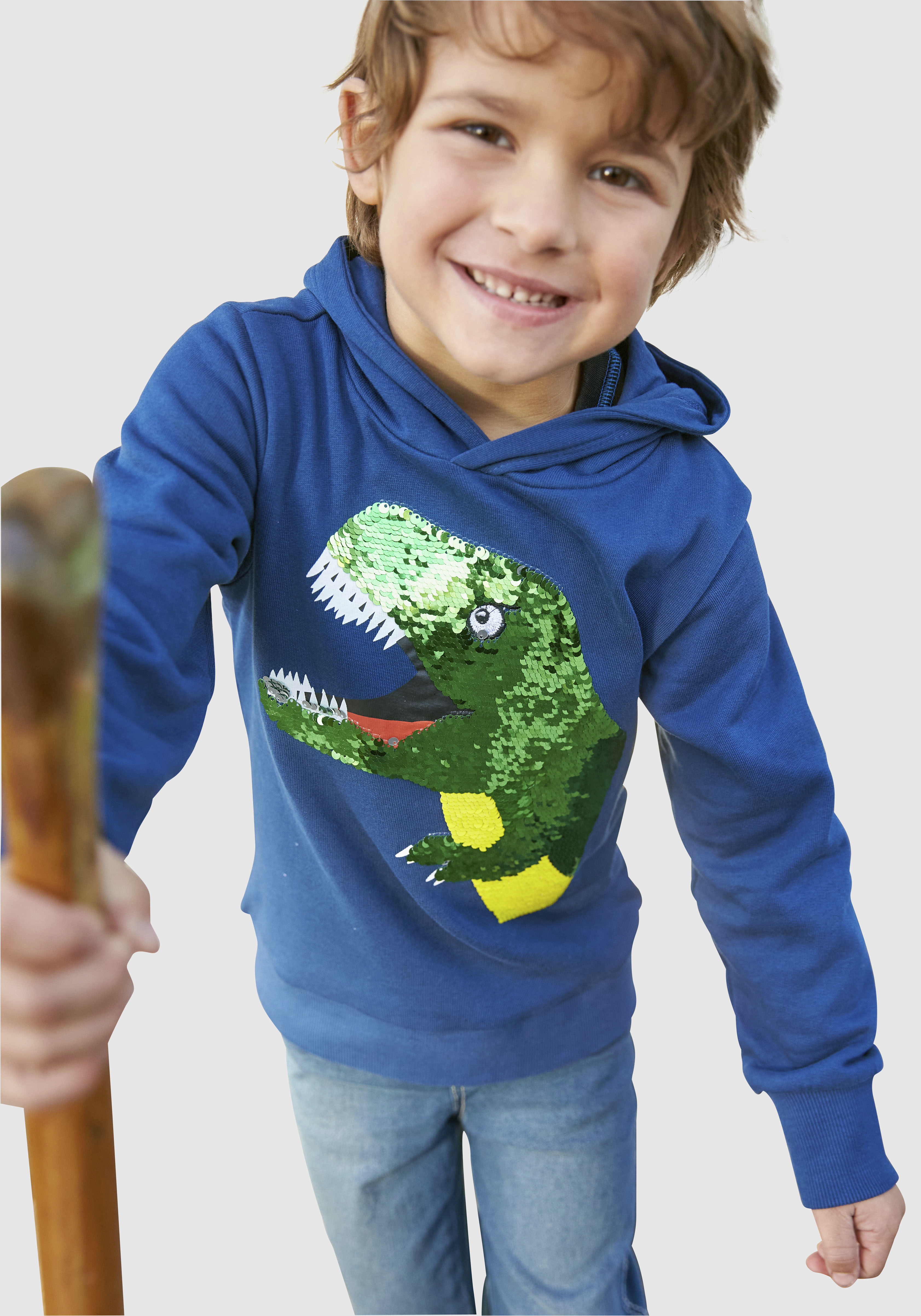 Kapuzensweatshirt KIDSWORLD "mit tollem Dino aus Wendepailletten", Jungen, Gr. 104/110, blau, Jersey, Obermaterial: 100% Baumwolle, bedruckt, Basic, Rippbündchen, Sweatshirts, Langarm, Basic-Passform, bedruckt, aus Baumwolle Image