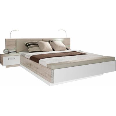 Schlafzimmer-Set FORTE "Rondino, Bett + 2 Nachttische+ LED, gepolstertes Kunstleder Kopfteil", bunt (sandeichefarben, weiß hochglanz), B:286cm H:92cm T:237cm, Holzwerkstoff, Schlafzimmermöbel-Sets, Bettgestell, Hochglanz mit Sandeiche, wahlweise mit... Image