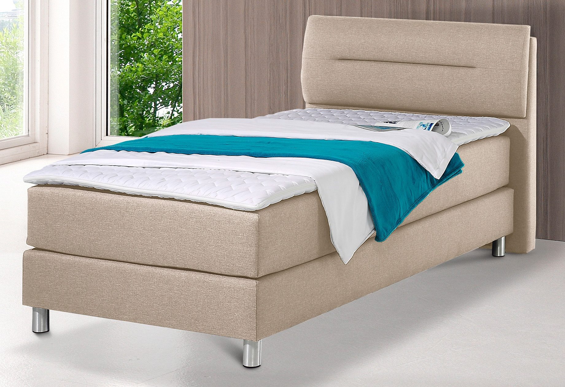 Boxspringbett MAINTAL, beige, Strukturstoff, Liegefläche B/L: 100cm x 200cm, H2 + H2, Bonnell-Federkernmatratze, Bezug bei beige, anthrazit und hellgrau: pflegeleichter Strukturstoff (100% Polyester);Bezug bei weiß und schwarz: Kunstleder (100%...