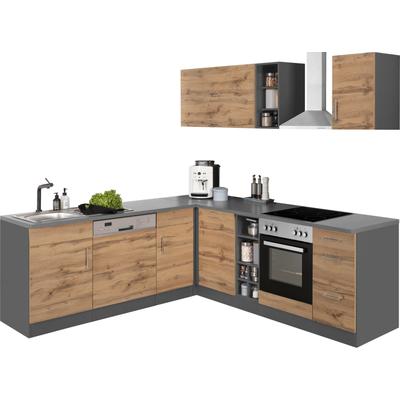 Winkelküche KOCHSTATION "KS-Colmar", grau (front: wotaneichfarben, korpus: grafitgrau, arbeitsplatte: anthrazit), B:210cm T:240cm, Komplettküchen-Sets, ohne E-Geräte, Stellbreite 210/240 cm Image