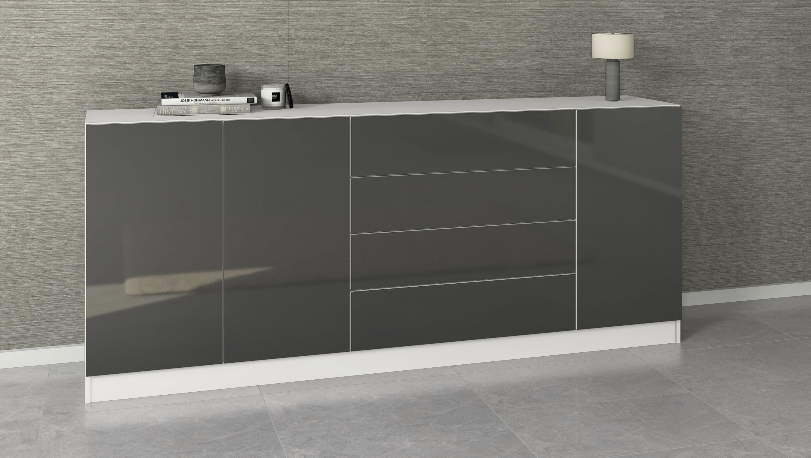 Sideboard BORCHARDT MÖBEL "Vaasa, Kommode mit 3 Türen und 4 Schubkästen auf Kugelführungen", weiß (weiß matt, graphit hochglanz), B:190cm H:79cm T:35cm, Sideboards, Sideboard, Breite 190 cm Image