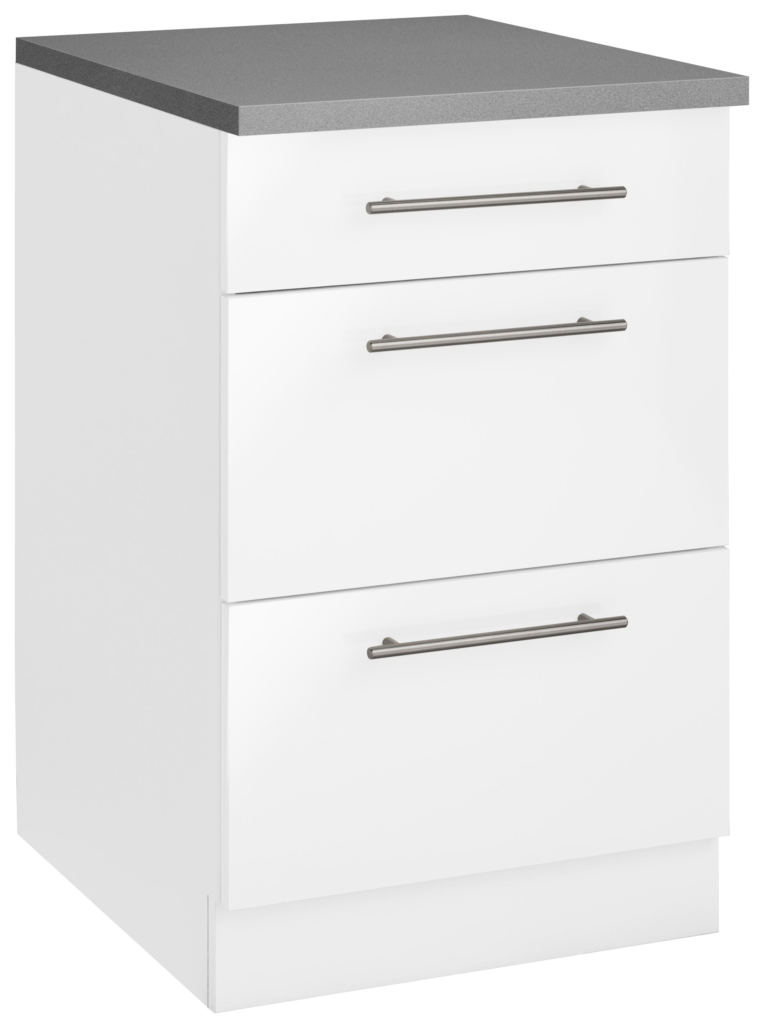 Unterschrank WIHO KÜCHEN "Cali", weiß (front: weiß glanz, korpus: weiß, arbeitsplatte: canvas grau), B:50cm H:85cm T:60cm, Schränke, Unterschrank, 50 cm breit, mit 2 großen Auszügen