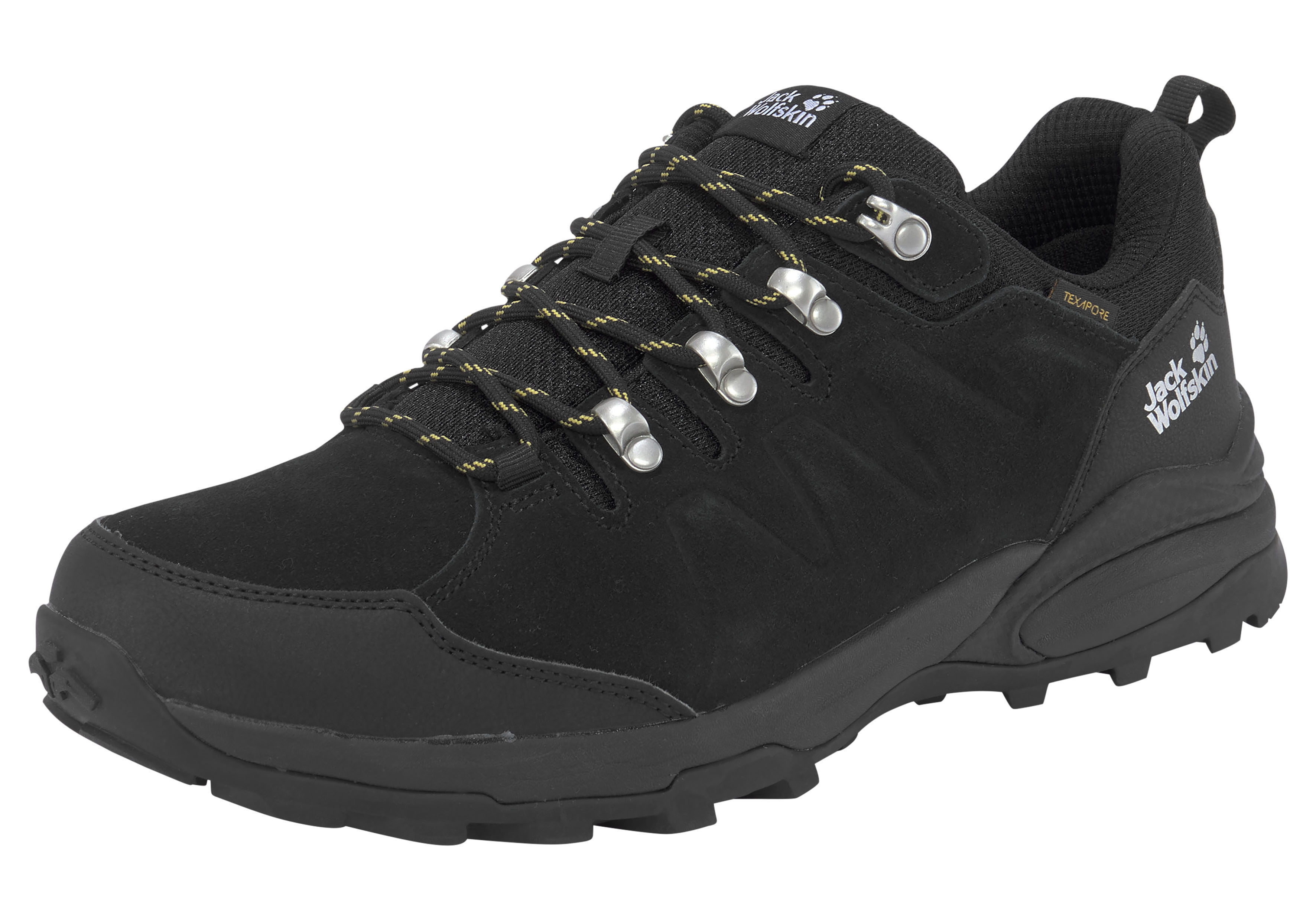 Wanderschuh JACK WOLFSKIN "REFUGIO TEXAPORE LOW M", Gr. 46, schwarz (schwarz, schwarz), Leder, Schuhe, wasserdicht, Trekkingschuh