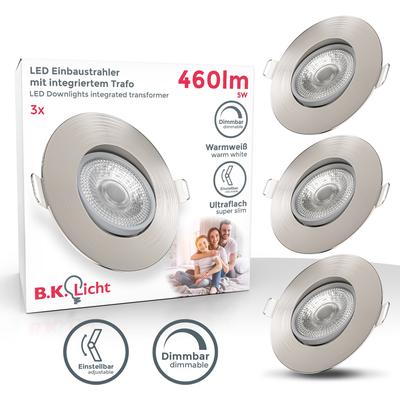 B.K.LICHT LED Einbauleuchte "3er Set Einbaustrahler, Dimmbar, Schwenkbar, LED Einbauspots", silber (silberfarben), H:2,4cm Ø:9,0cm, Lampen, 3.000K, 480Lm, 4,9W, Kunststoff, 9 x 2,4 cm, Nickel, LED Deckeneinbaustrahler LED Einbaustrahler Image