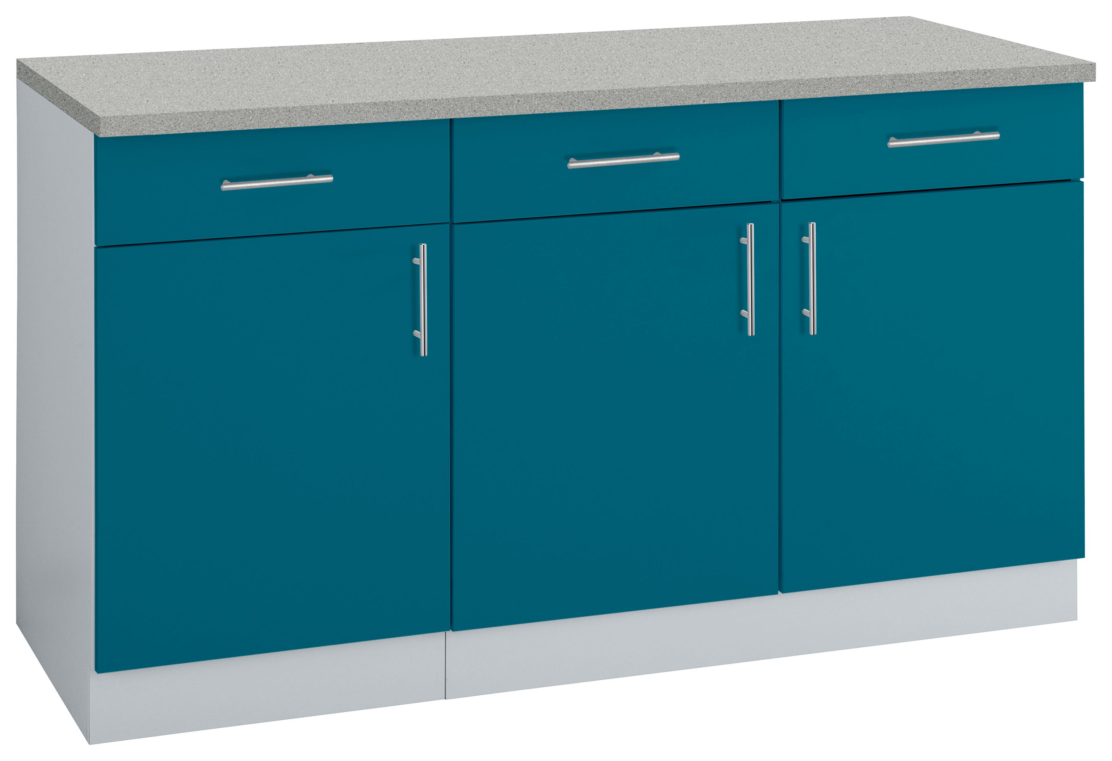 Unterschrank WIHO KÜCHEN "Kiel", blau (front: ozeanblau, korpus: steel grau, arbeitsplatte: canvas grau), B:150cm H:85cm T:60cm, Schränke, Unterschrank, 150 cm breit