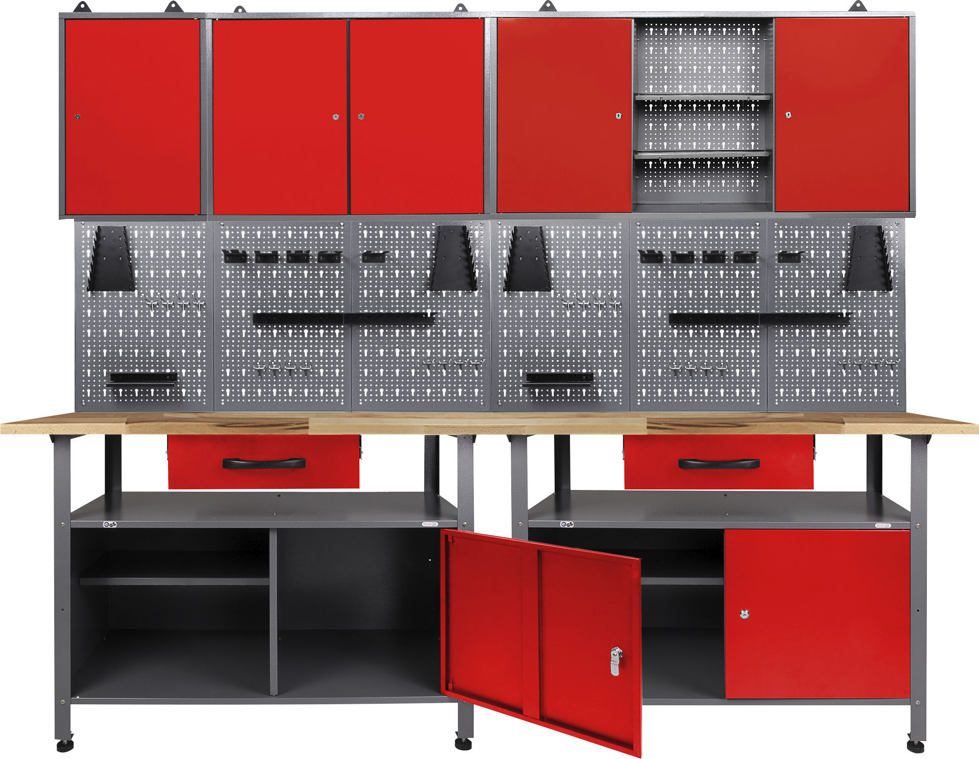 Werkstatt-Set ONDIS24, rot (anthrazit, rot), B:240cm H:205cm T:60cm, Metall, Werkbänke, 2x Werkbank, 2x Werkstattschrank, 2x Lochwand