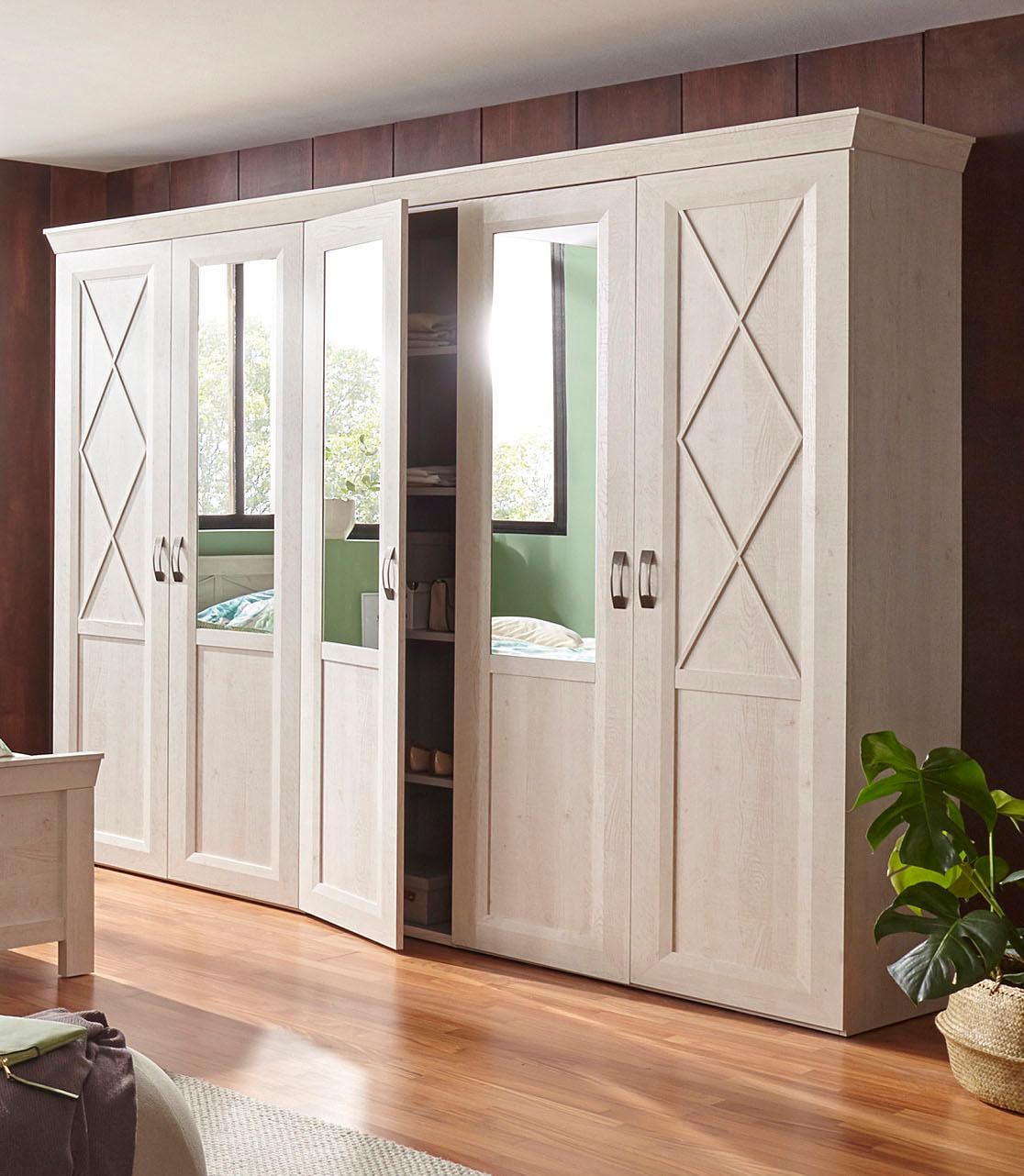 Drehtürenschrank FORTE "Kashmir, TOPSELLER, klassischer Landhausstil, Made in Europe", weiß (pinie weiß), B:255cm H:221cm T:63cm, FSC-zertifizierter Holzwerkstoff, Schränke, mit Spiegel und dekorativen Fräsungen und Elementen, Topseller Image