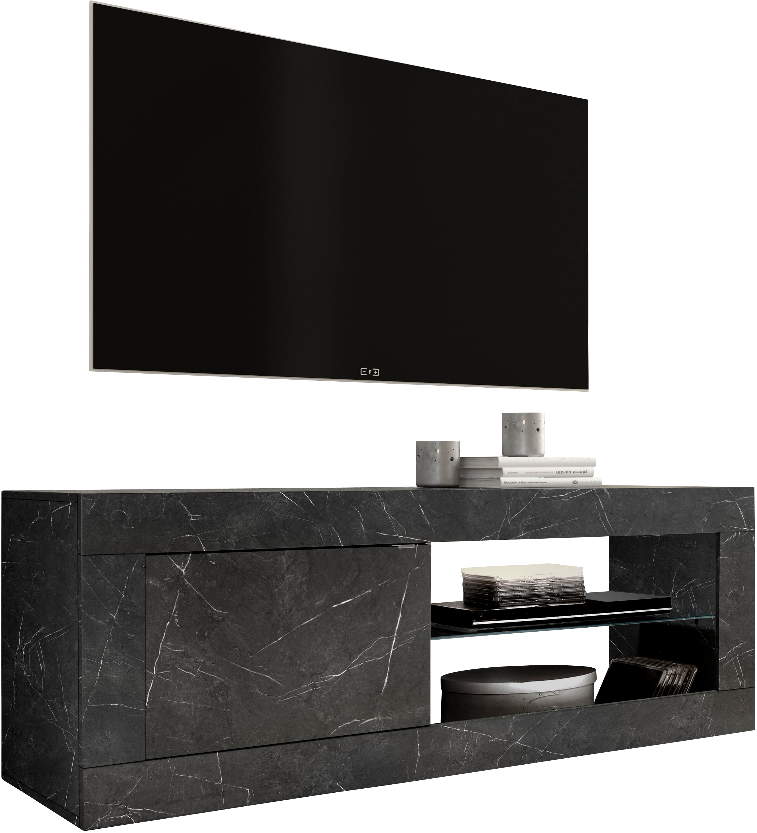 Lowboard INOSIGN "Basic Breite 140 cm, TV-Board 1 Tür, 2 offene Fächer (Glasboden)", grau (marmor anthrazit), B:140cm H:56cm T:43cm, Sideboards, Lowboard, TV-Kommode, Metallgriff, moderne Rahmenoptik, Farbauswahl