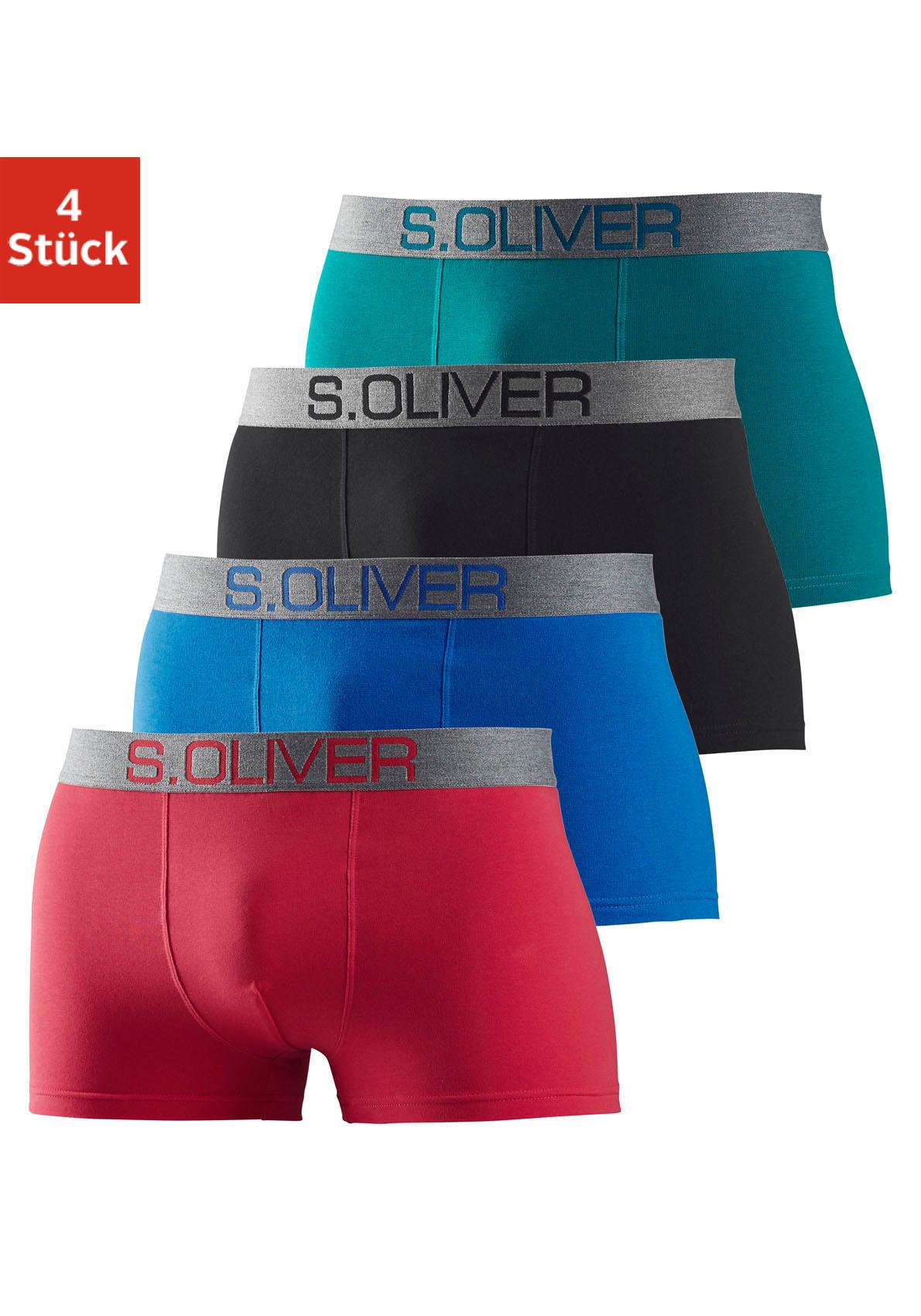 Boxer S.OLIVER "Boxershorts für Herren", Herren, Gr. S, 4 Stk., bunt (petrol, schwarz, blau, rot), Jersey, Obermaterial: 92% Baumwolle, 8% Elasthan (LYCRA), unifarben, körpernah, Unterhosen, mit kontrastfarbenem Webbund