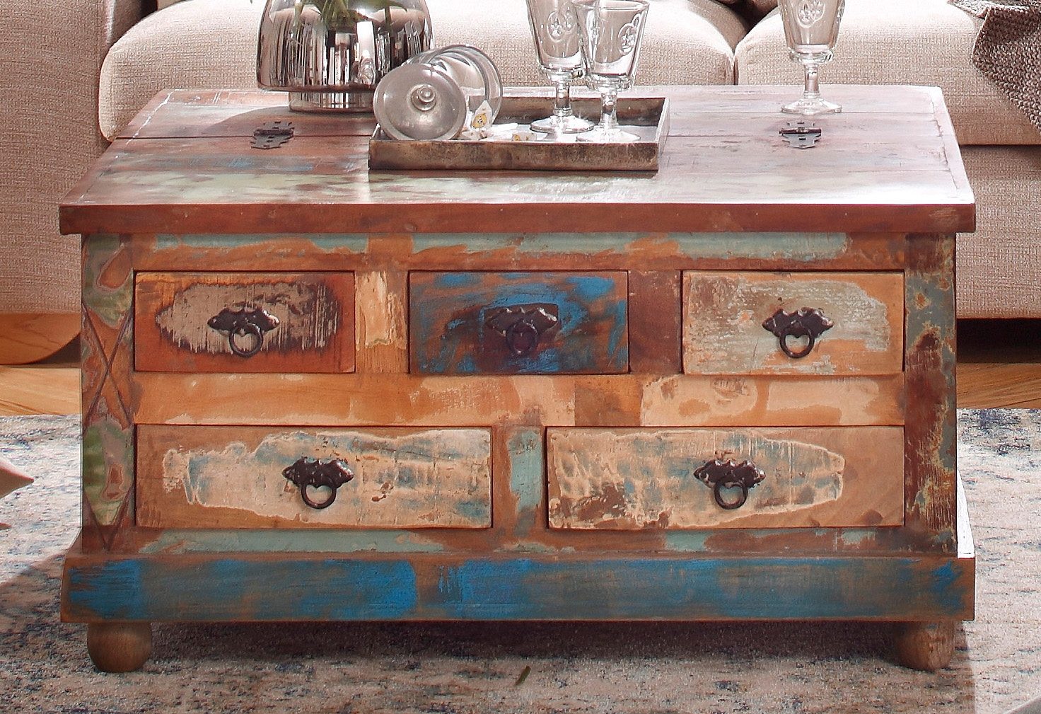 Couchtisch SIT "Riverboat", bunt, B:90cm H:47cm T:90cm, Tische, Breite 90 cm, Shabby Chic, Vintage