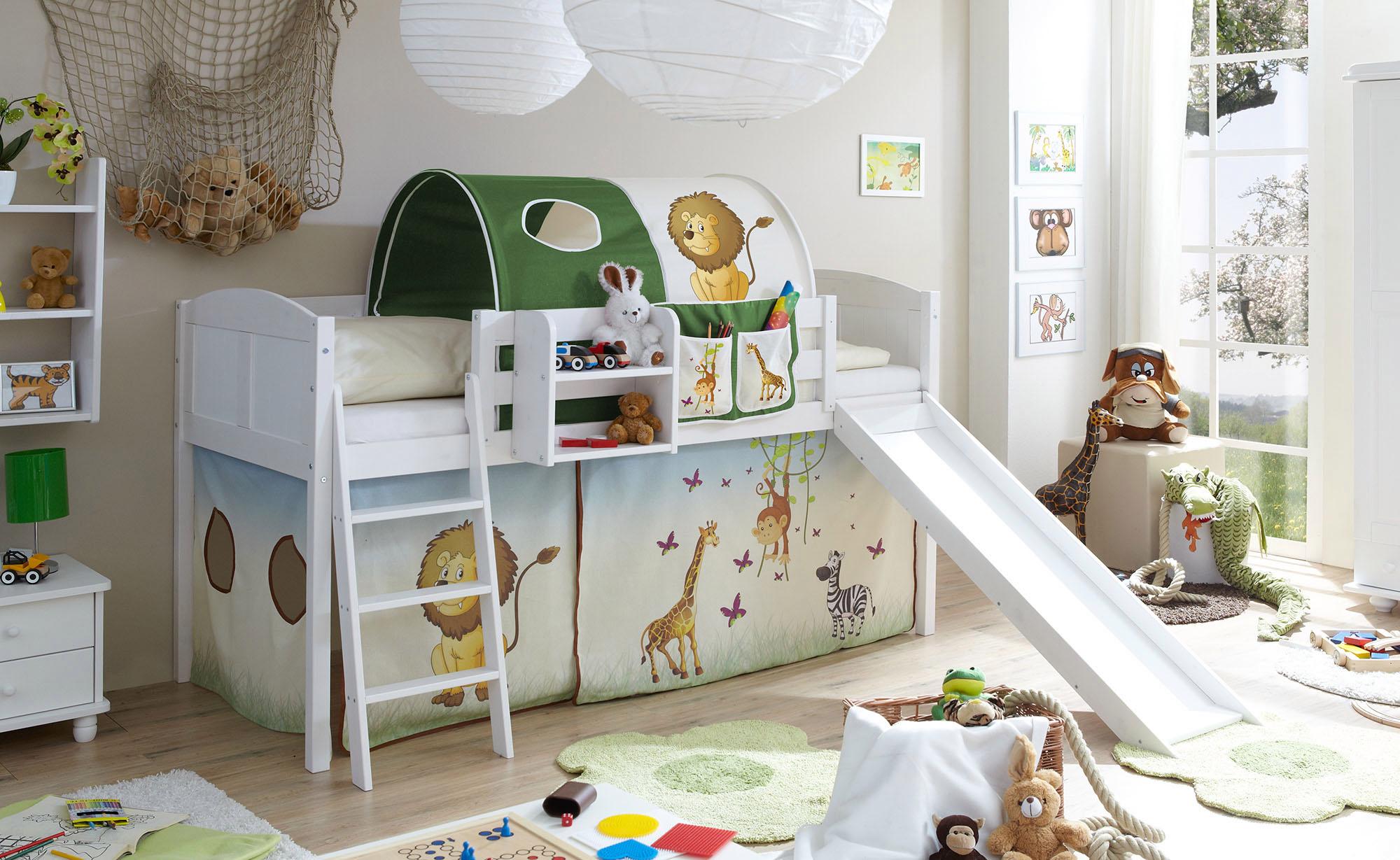 Hochbett TICAA "Ekki", weiß (kiefer massiv weiß gewachst, safari), B:207cm H:118cm L:206cm, Hochbetten, Hochbett, mit Rollrost und in verschiedenen Ausführungen, Kiefer