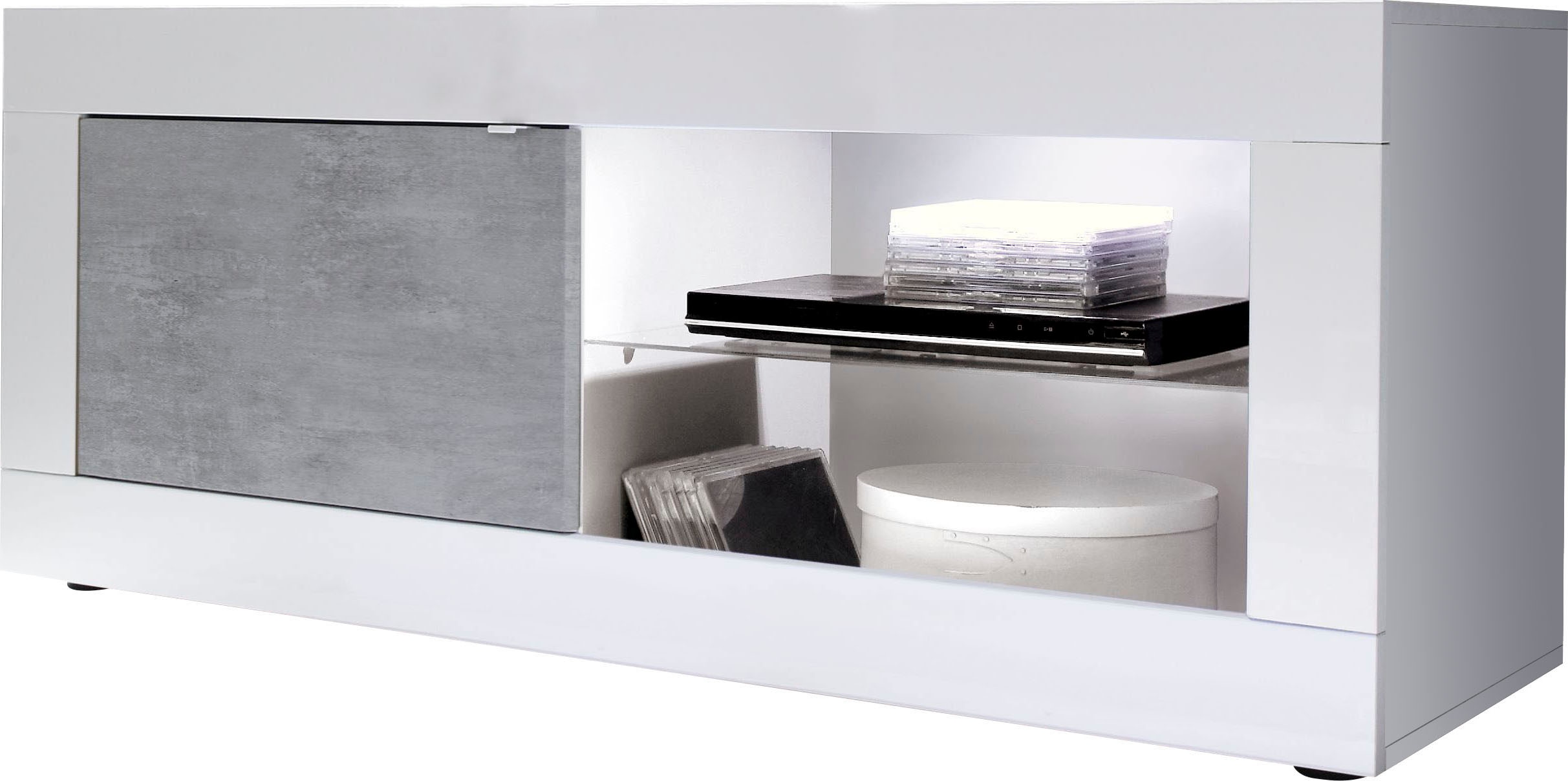 Lowboard INOSIGN "Basic Breite 140 cm, TV-Board 1 Tür, 2 offene Fächer (Glasboden)", weiß (weiß hochglanz lack, beton, optik), B:140cm H:56cm T:43cm, Sideboards, Lowboard, TV-Kommode, Metallgriff, moderne Rahmenoptik, Farbauswahl