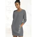 Sweatkleid BENCH. LOUNGEWEAR, Damen, Gr. 44/46, N-Gr, grau (stone, weiß), Interlock, Jersey, Obermaterial: 60% Baumwolle, 40% Polyester, unifarben, Basic, bequem ca. Mitte Oberschenkel, Rundhals, Langarm Rippbündchen, Kleider, mit seitlichem Logoprint