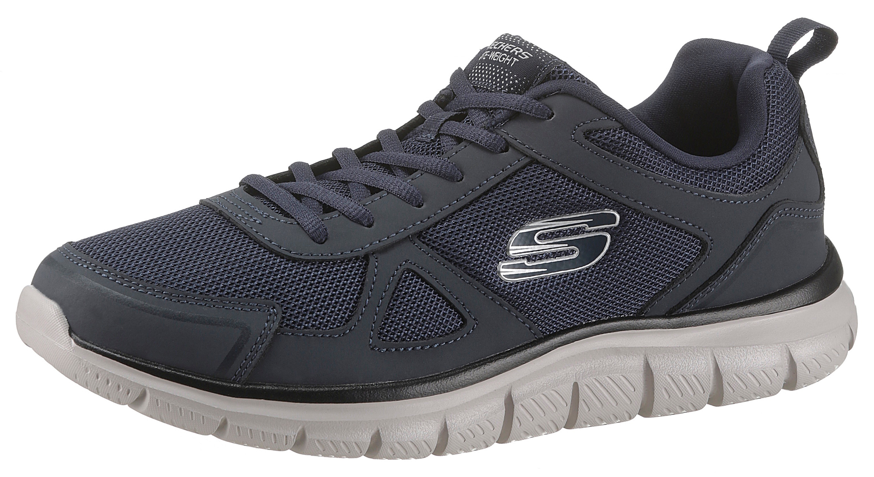 Sneaker SKECHERS "Track-Scloric", Damen, Gr. 44, blau (navy), Leder, Textil, Schuhe Sneaker, Freizeitschuh, Halbschuh, Schnürschuh mit Skechers Memory Foam