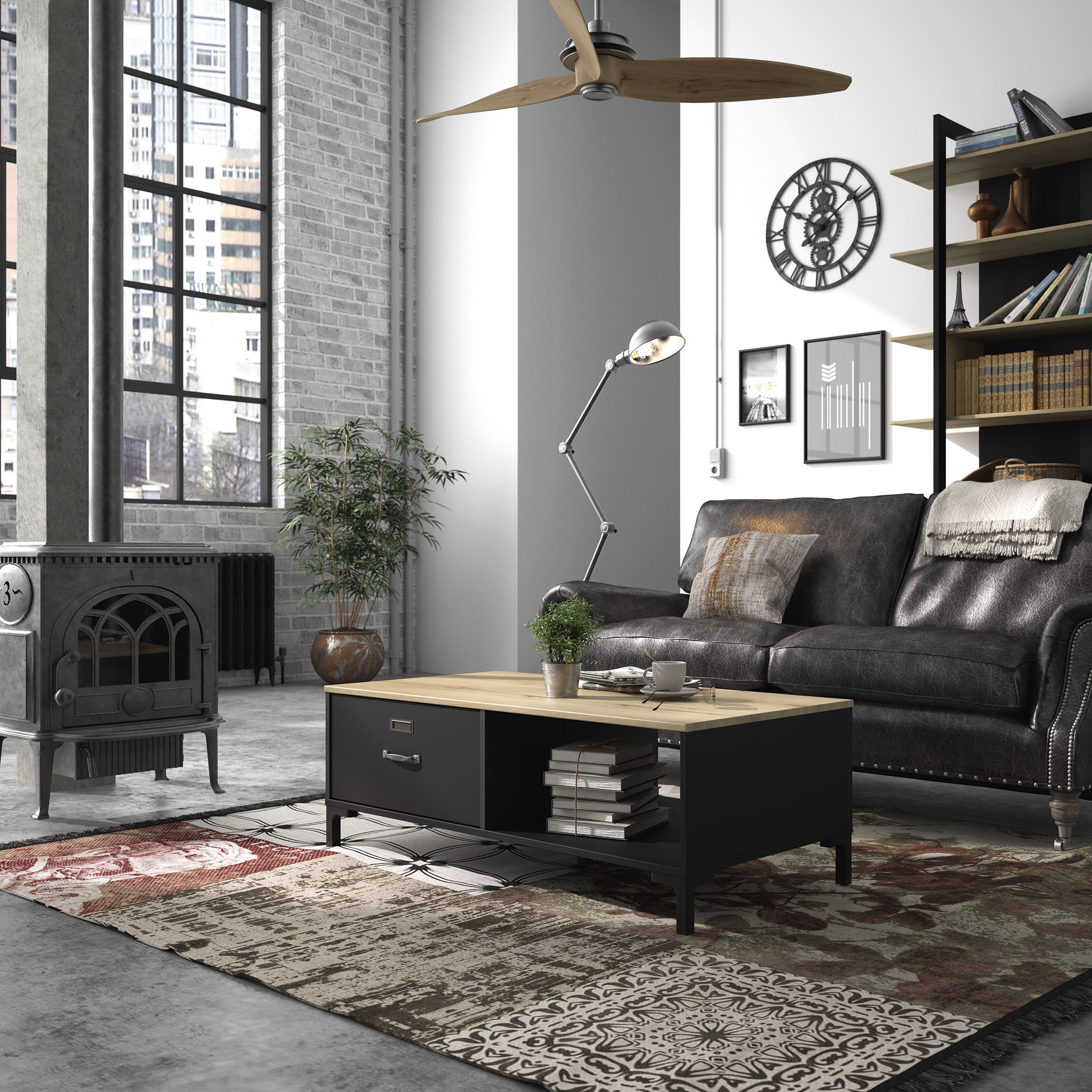 Couchtisch GAMI "Manchester", schwarz (schwarz, eiche helvezia, schwarz, eiche helvezia), B:110cm H:39,9cm T:59,6cm, Spanplatte aus Pinus sylvestris, Tische, Couchtisch Eckige Couchtische Holz-Couchtische, mit einer Aufbewahrungsniesche