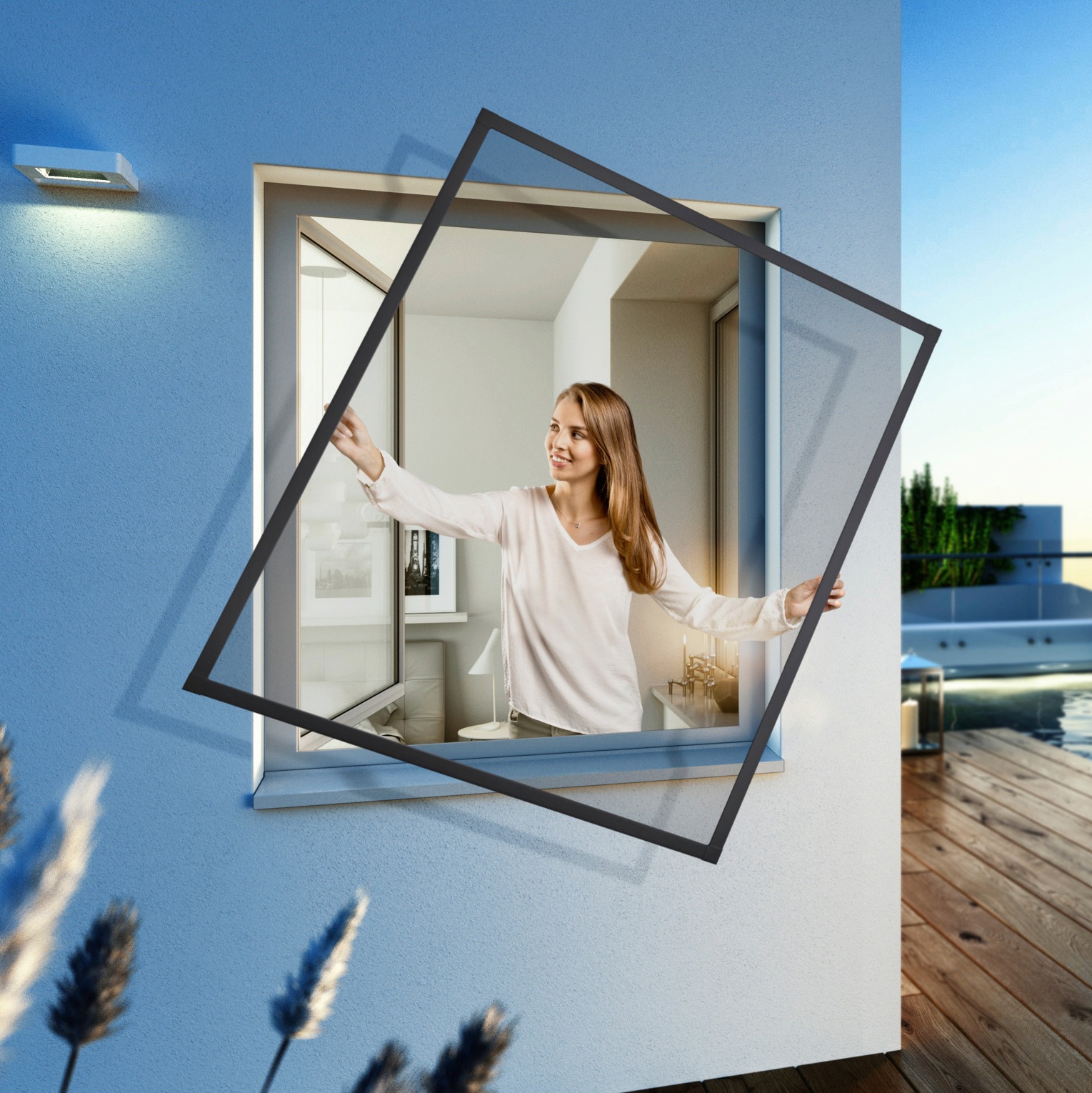 Insektenschutz-Fensterrahmen WINDHAGER "EXPERT Spannrahmen", grau (rahmen: weiß gewebe: anthrazit), B:100cm H:120cm, Insektenschutzgitter, BxH: 100x120 cm