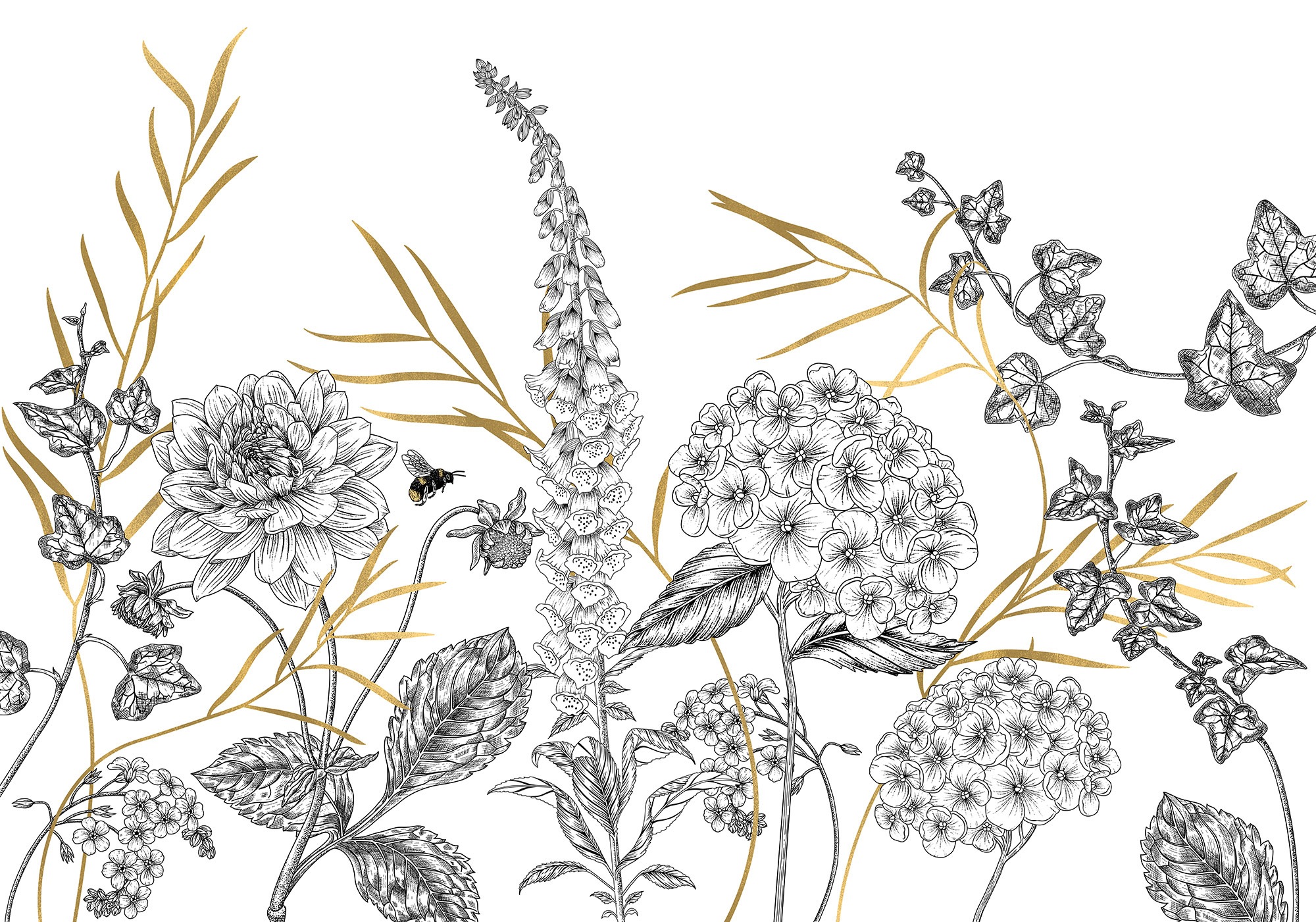 Vliestapete KOMAR "Digitaldruck Vlies - Bumble Bee - Größe 400 x 280 cm", schwarz-weiß (gold, schwarz, weiß), B:400m L:280m, Vlies, Tapeten, Wohnzimmer, Schlafzimmer