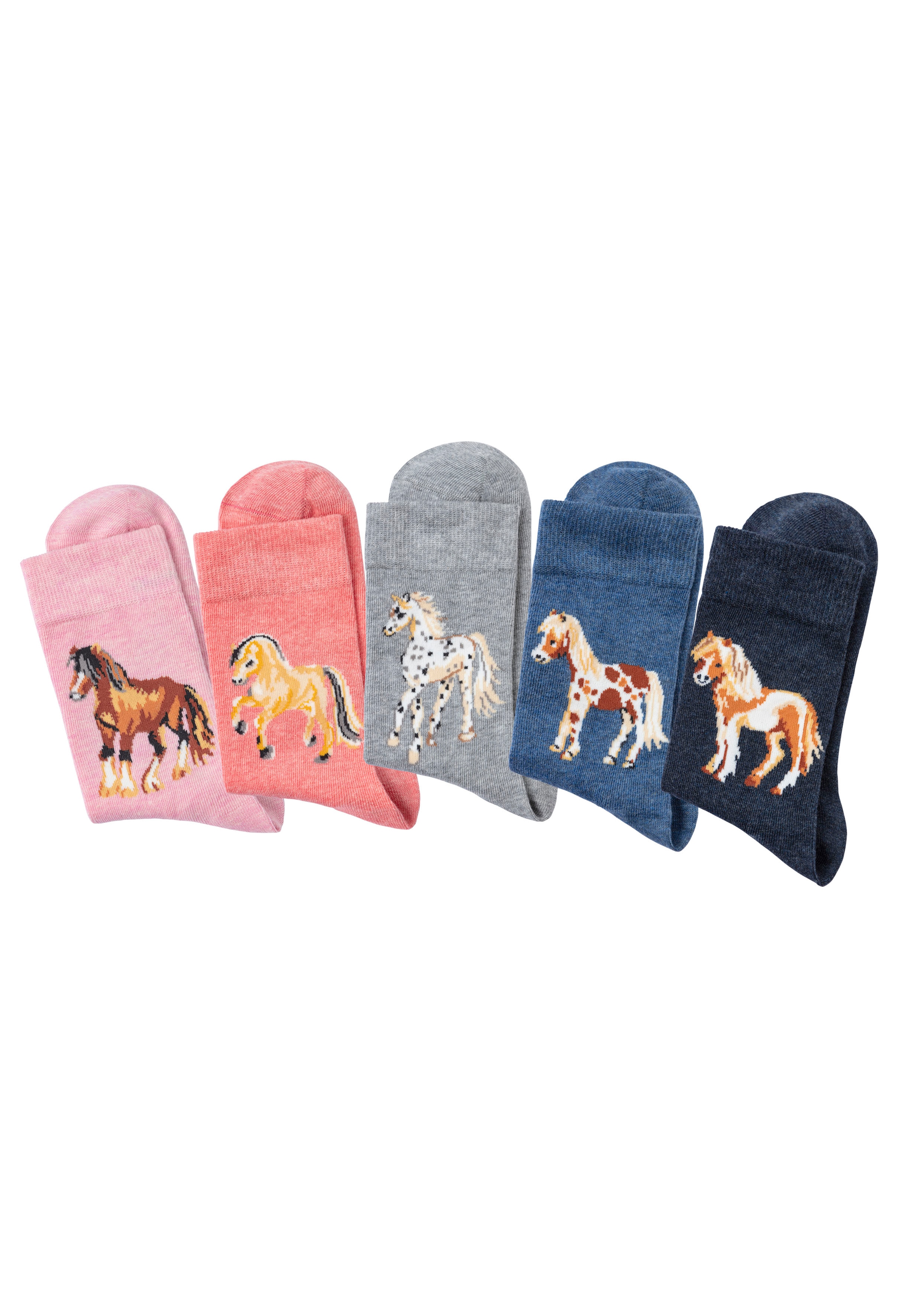 Socken H.I.S, Kinder, Gr. 19-22, bunt (1x hellrosa, meliert, 1x lachs, meliert, 1x hellgrau, meliert, 1x jeans, meliert, 1x dunkel jeans, meliert), Baumwollmischung, uni und gemustert, elastisch, Socken Socken, Mit unterschiedlichen Pferdemotiven Image