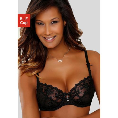 Bügel-BH LASCANA Gr. 100, Cup E, schwarz Damen BHs BH Bügel-BH Dirndl-BH Hochzeitsdessous Hochzeitswäsche Spitzen-BH Spitzenwäsche Trachtenwäsche mit transparenter Stickerei-Spitze, Dessous