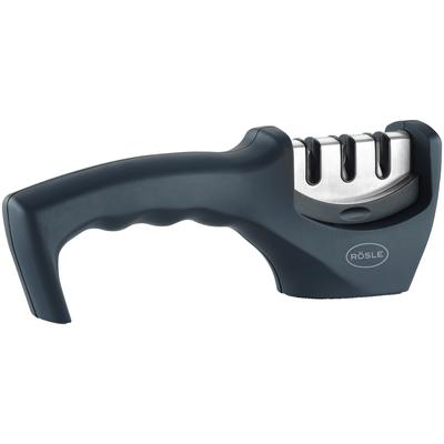 Messerschärfer RÖSLE, schwarz, B:4,8cm H:7,5cm L:20cm, Kunststoff, Messerschärfer, 3 Stufen, Schleifkopf wechselbar, stabiler Stand, ergonomischer Griff