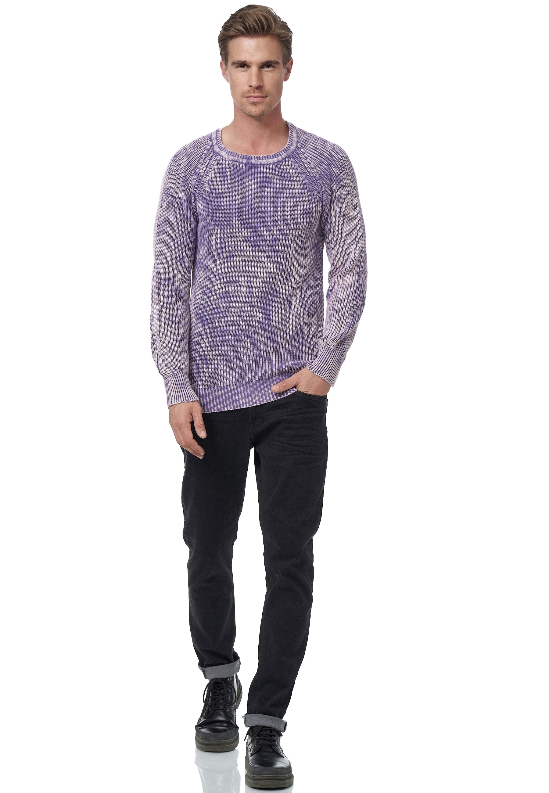 Strickpullover RUSTY NEAL, Herren, Gr. M, lila, 50% Polyacryl, 50% Baumwolle, unifarben, normal, Rundhals, Pullover Strickpullover, im dezenten Batik-Design