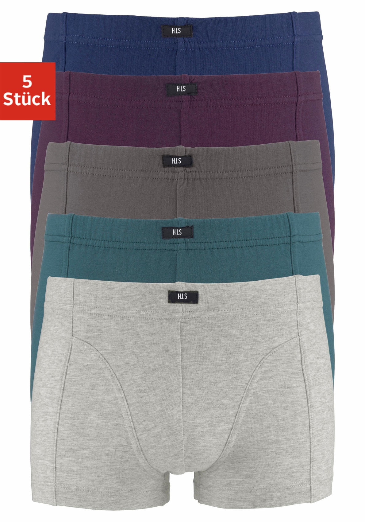 Boxer H.I.S "Boxershorts für Jungen", Kinder, Gr. 92, bunt (petrol, grau, meliert, blau, aubergine, grau), Jersey, Obermaterial: 95% Baumwolle, 5% Elasthan, unifarben, körpernah, Unterhosen, farblich sortiert oder nur schwarz Image