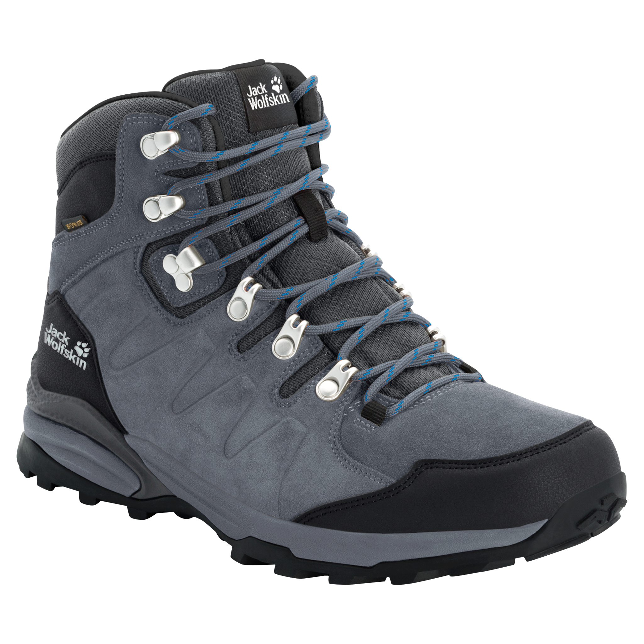 Wanderschuh JACK WOLFSKIN "REFUGIO TEXAPORE MID M", Herren, Gr. 42,5, grau (grau, schwarz), Leder, Textil, Schuhe Wanderschuh, wasserdicht, Trekkingschuh