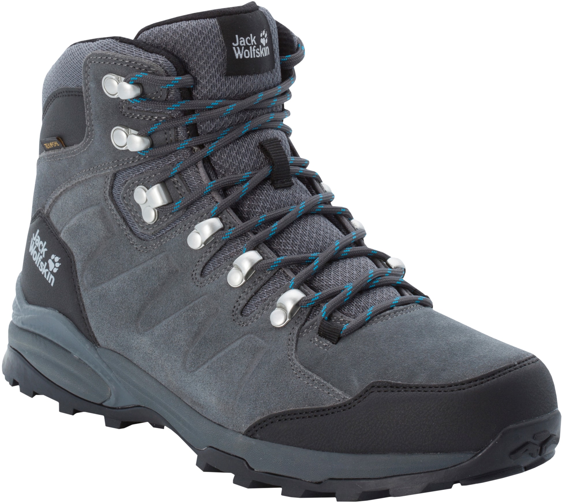 Wanderschuh JACK WOLFSKIN "REFUGIO TEXAPORE MID M", Gr. 42, grau (grau, schwarz), Leder, Textil, Sportlich, Schuhe, Wasserdicht, Trekkingschuh